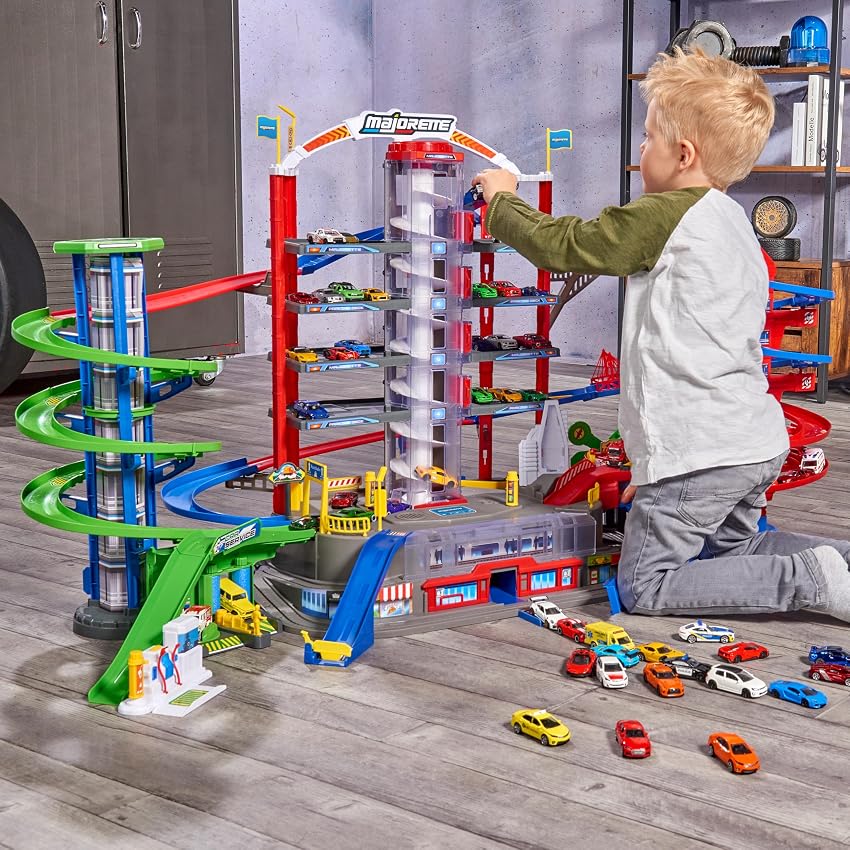 Detalle 1 de Majorette Garaje Super City 7 Plantas con 6 coches y tren motorizado para niños 128 x 78 x 73 cm