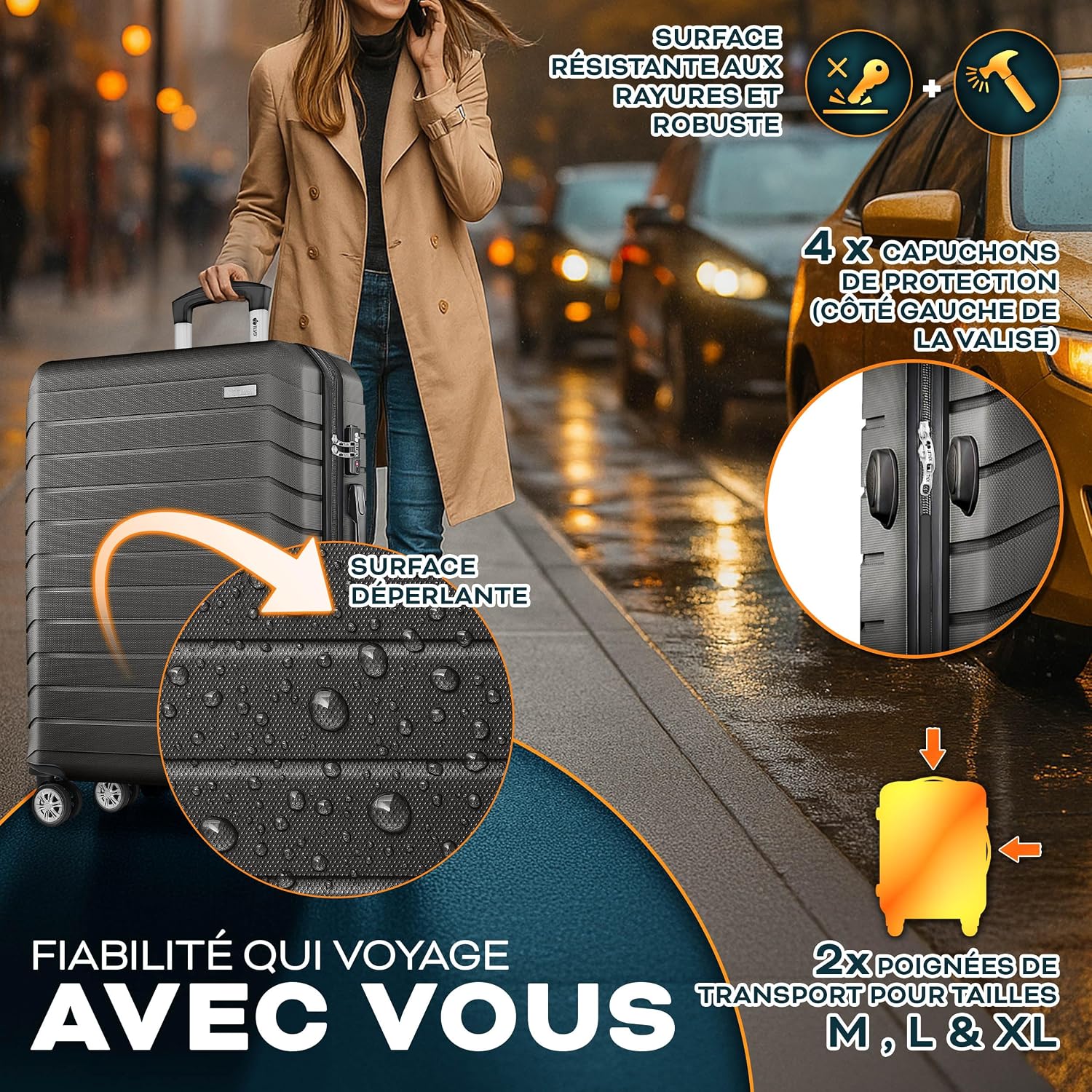 Thumbnail 6 de Set tillvex® de 4 valises rigides avec roulettes + balance, sangles et étiquettes (S/M/L/XL) gris/anthracite
