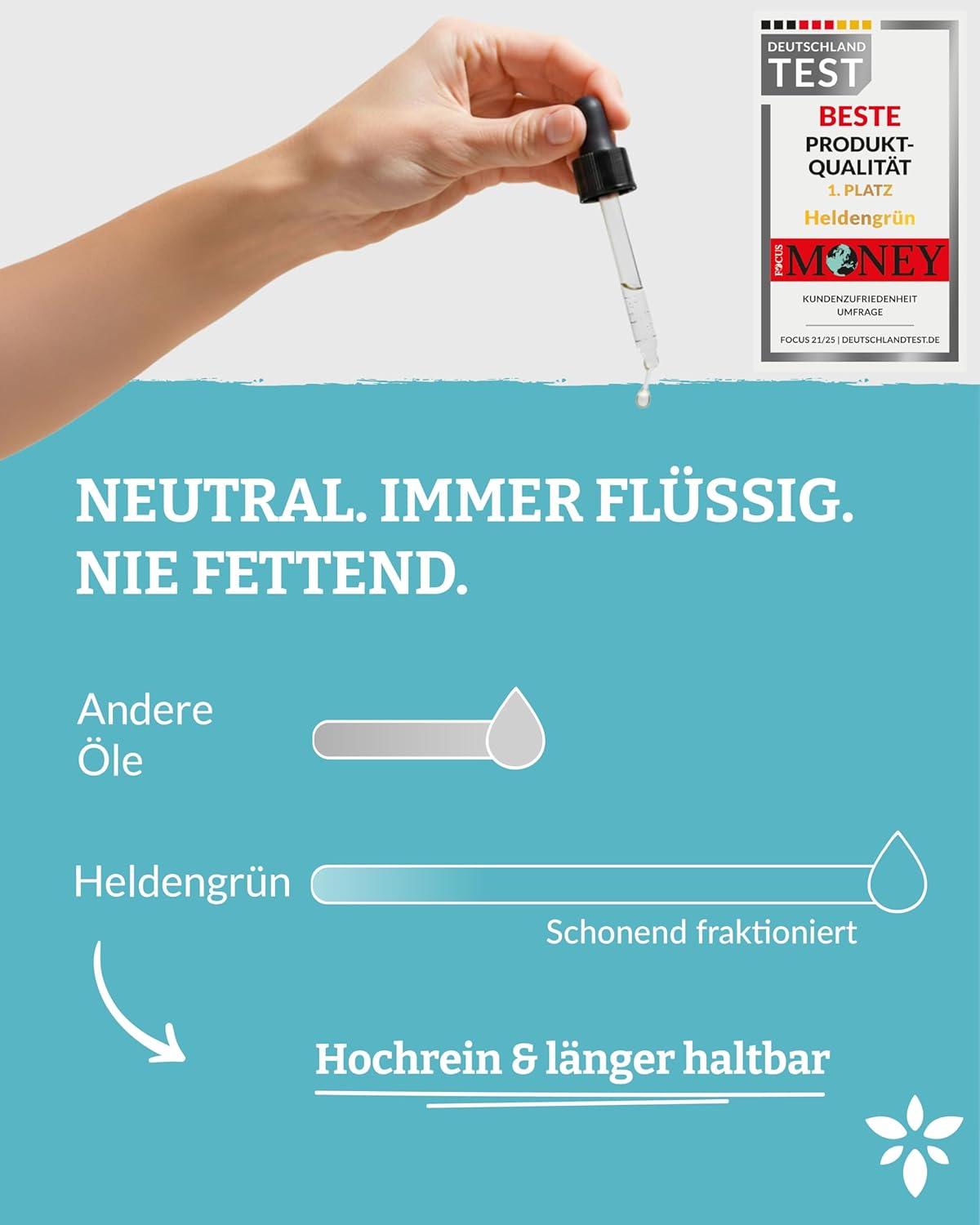 Thumbnail 3 de Heldengrün Kokosöl flüssig 100% rein – fraktioniertes Kokosnussöl für Haut & Haare inkl. Pipette & Pump