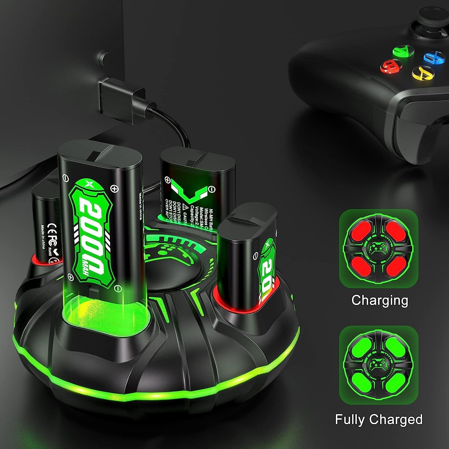 Detalle de Akku für Xbox Series X/S und Xbox One Controller – 4x2000mAh Schnelllade-Set mit RGB-LED