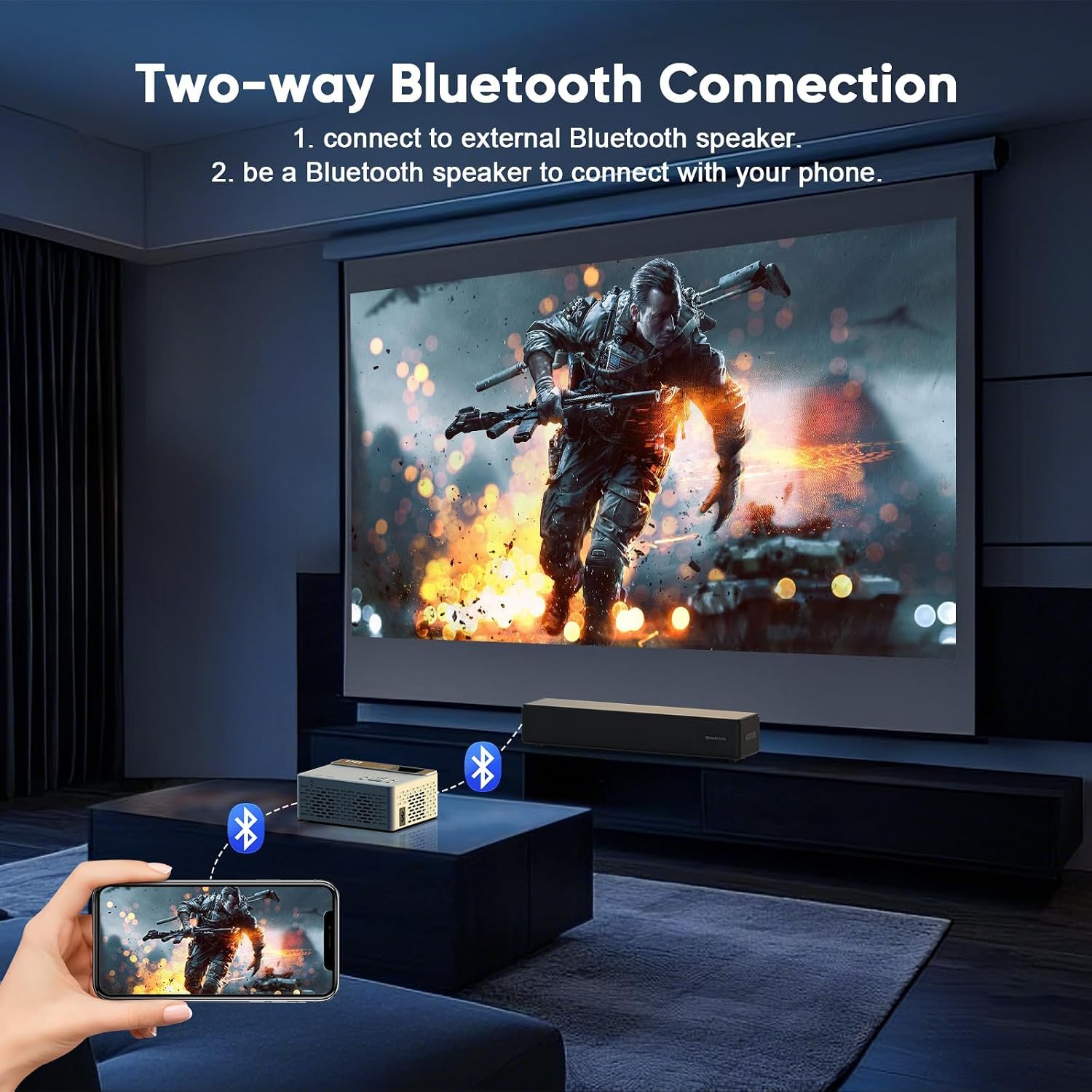 Detalle de TMY 1080P Full HD Portable Mini Projector (V08) with Bluetooth 5.1 and Included Screen