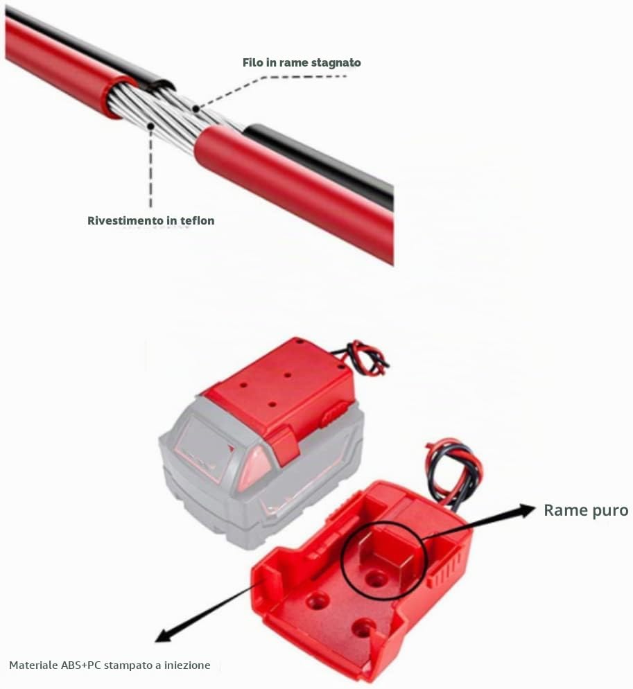 Thumbnail 1 de Adattatore per Batteria Milwaukee 18V M18 XC18 con Connettore di Alimentazione e Foro di Fissaggio