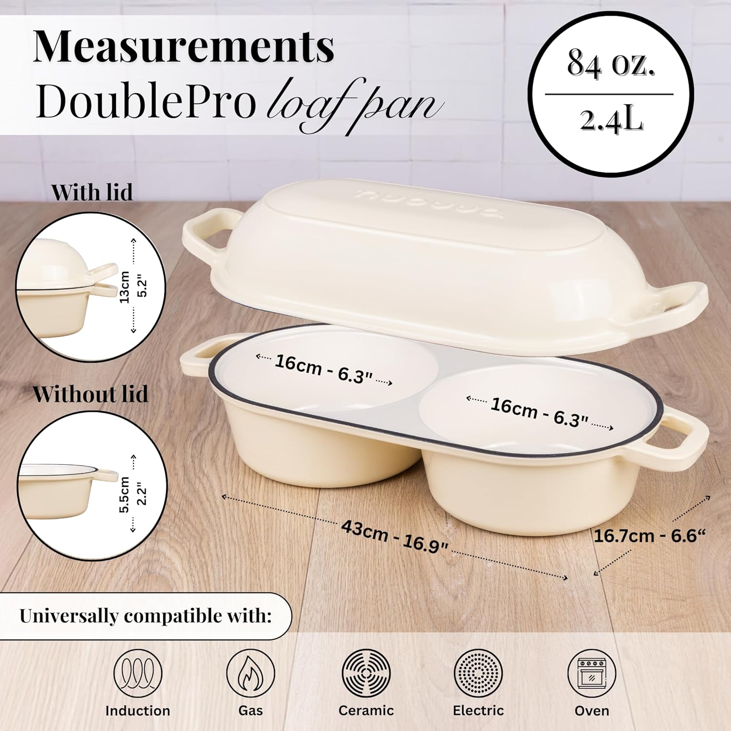 Detalle de Nuovva Dutch Oven for Sourdough Bread Baking: Enamelled Cast Iron Double Loaf Pot (16.5 cm each), Cream