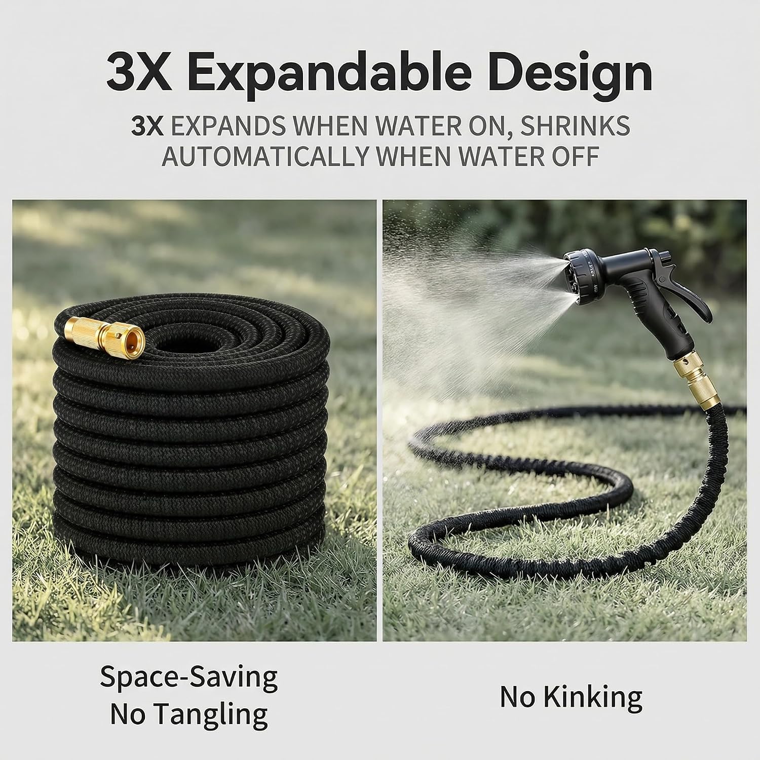 Detalle de Expandable Garden Hose, 100ft – Upgraded 3-Layer Latex, No-Kink with 10-Pattern Nozzle & Solid Brass Connectors