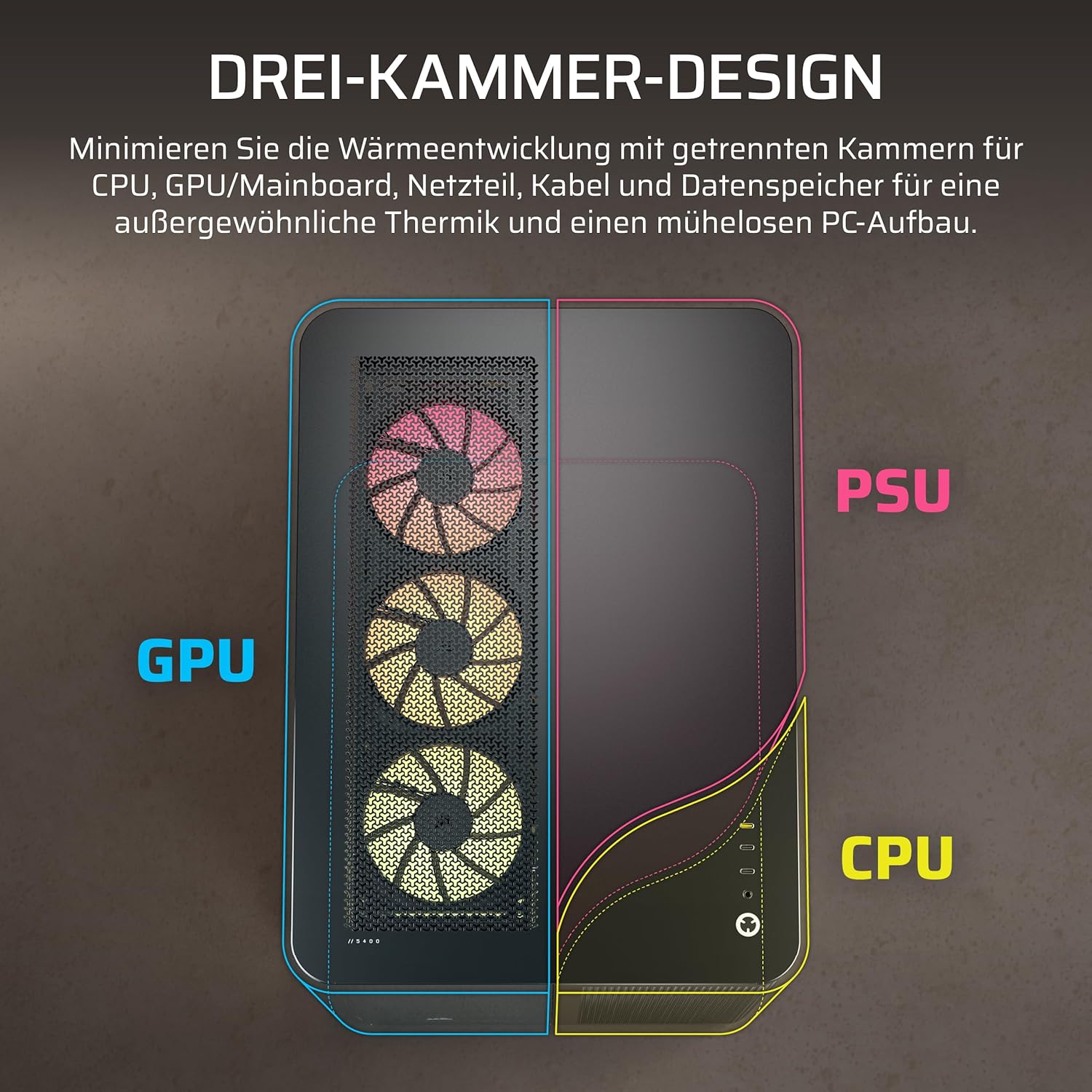 Thumbnail 2 de CORSAIR AIR 5400 LX-R RGB iCUE LINK Dreifach-Kammer-Mid-Tower: Kühlungslösung mit drei Kammern