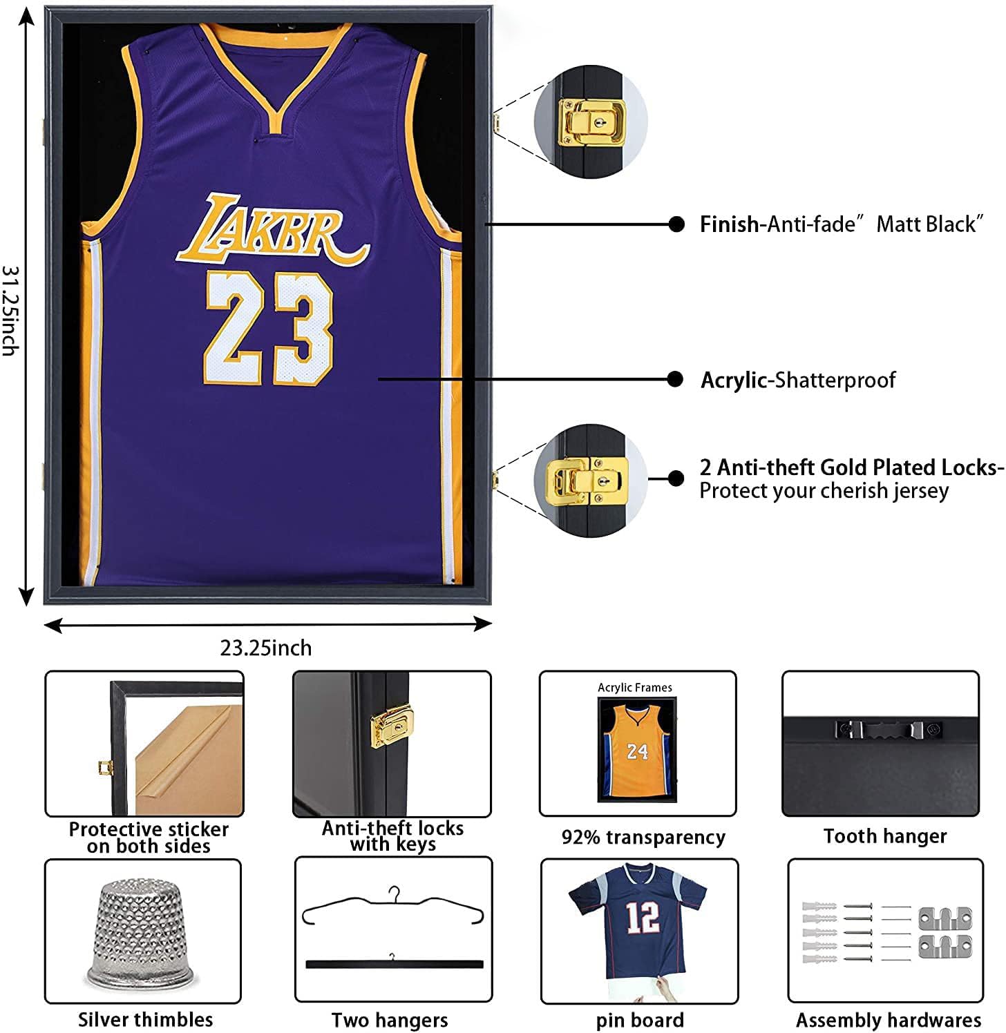 Detalle 2 de default Large Jersey Display Case, Black Wood Shadow Box with UV-Protective Acrylic