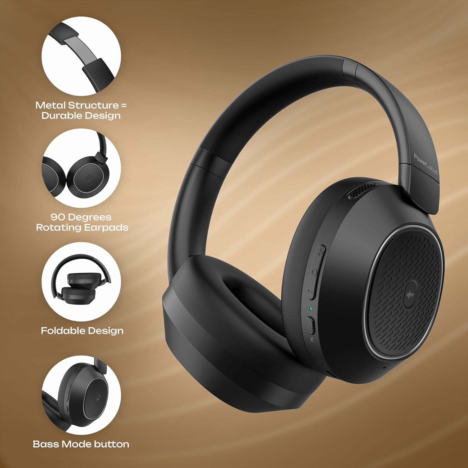 Thumbnail 3 de PowerLocus Casque Bluetooth sans Fil avec réduction de Bruit Active – 60H, Bass Mode, Léger et Pliable (Noir)