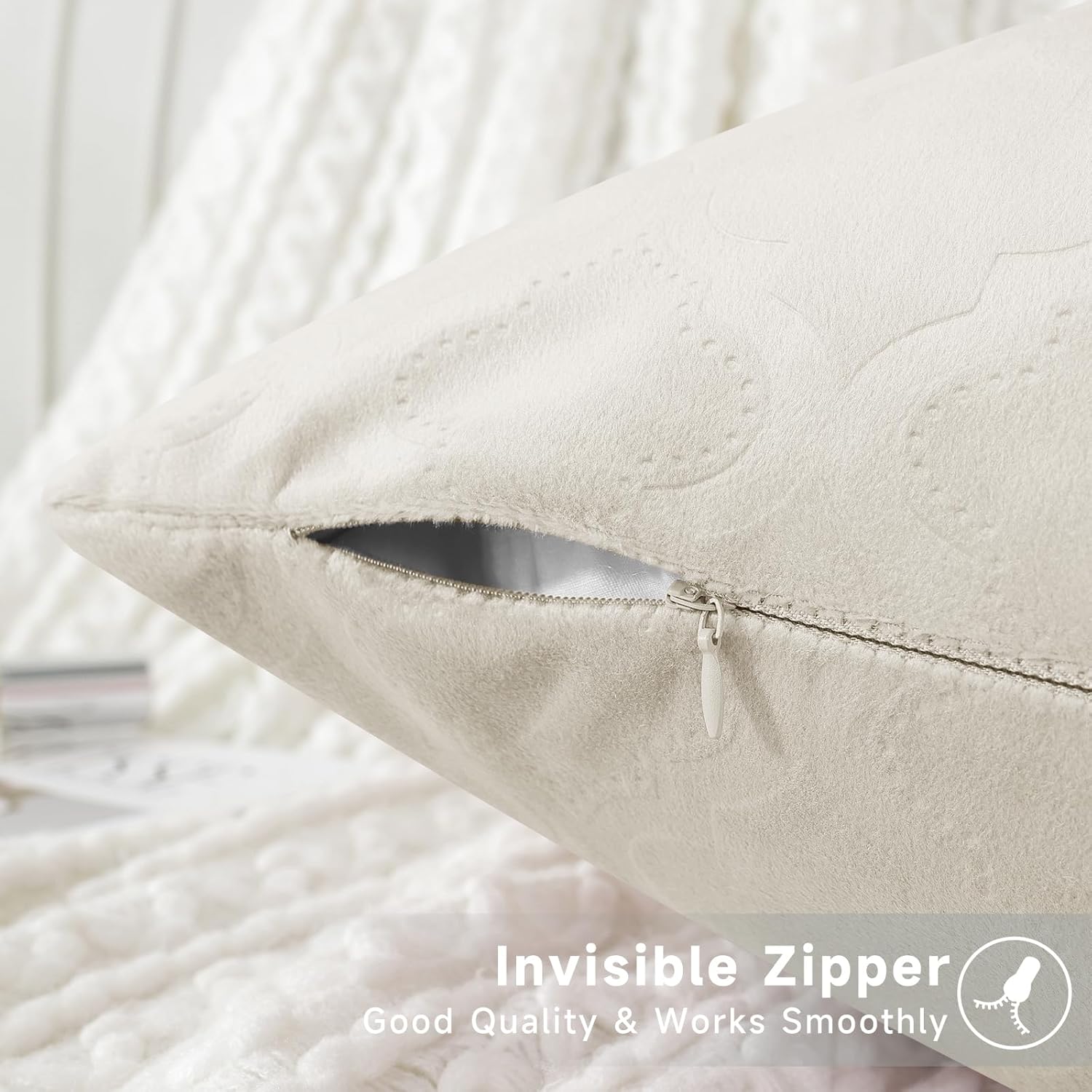 Thumbnail 3 de Ystyle : lot de 2 housses de coussin velours côtelé 60x60 (beige/blanc) – fermeture éclair invisible