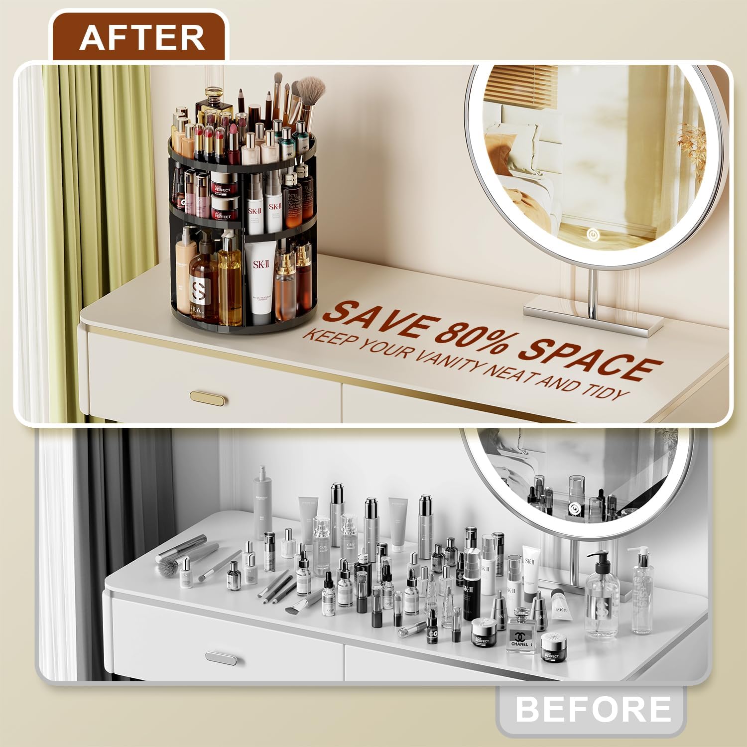 Detalle 2 de Auxmir Make Up Organizer mit 9 einstellbaren Stufen – 360° Drehbar, Extra Groß, schwarz