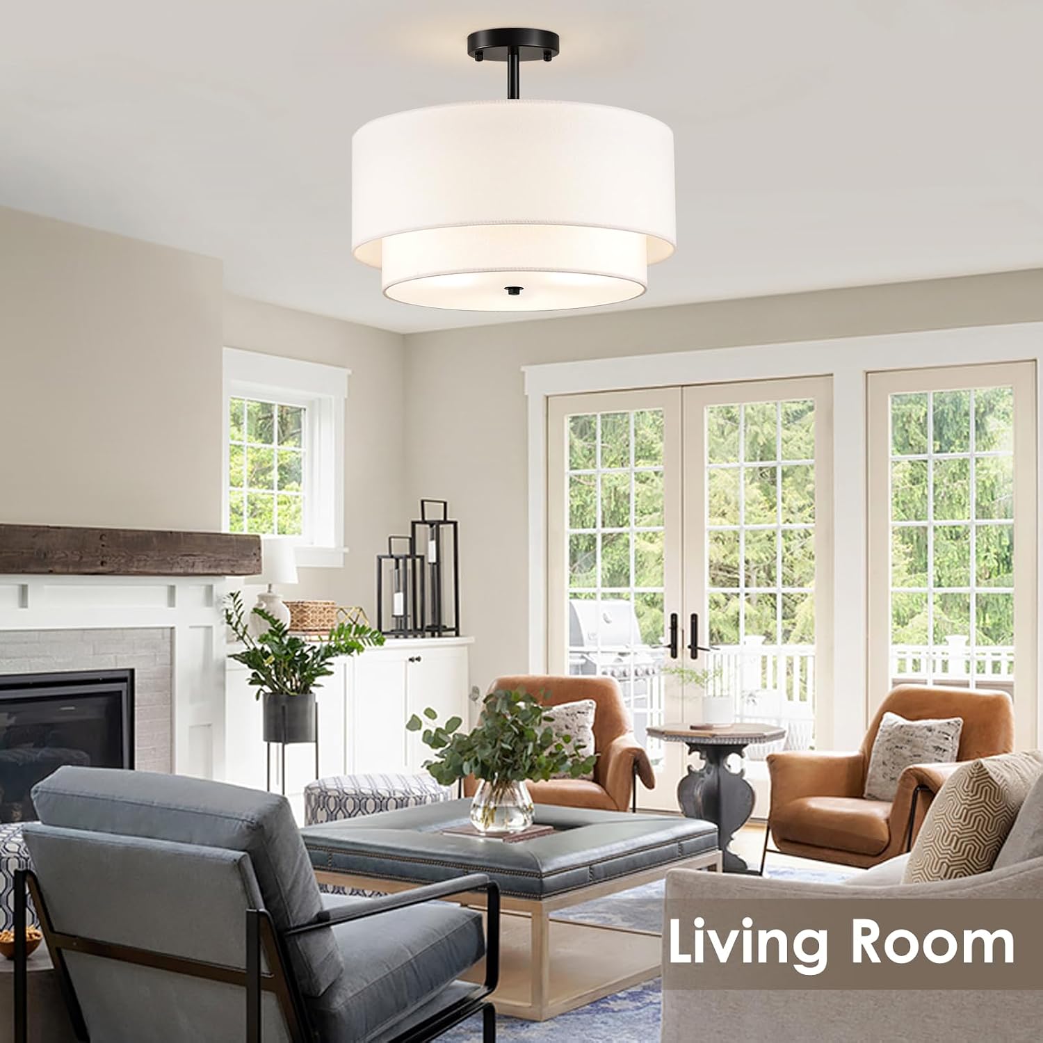 Detalle 2 de Maichixin 18-Inch Semi-Flush Mount Ceiling Light, 4-Light, White Fabric Shade