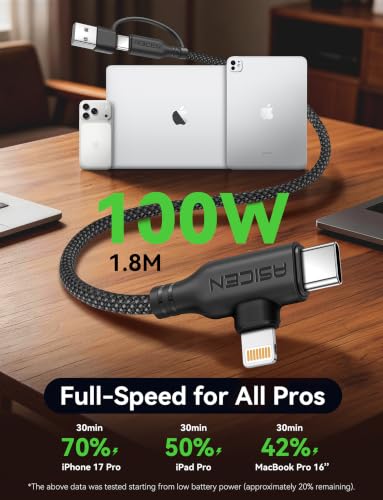 Detalle de ASICEN 100W 2-in-2 Multi Charging Cable, 90° Connector, 1.8m