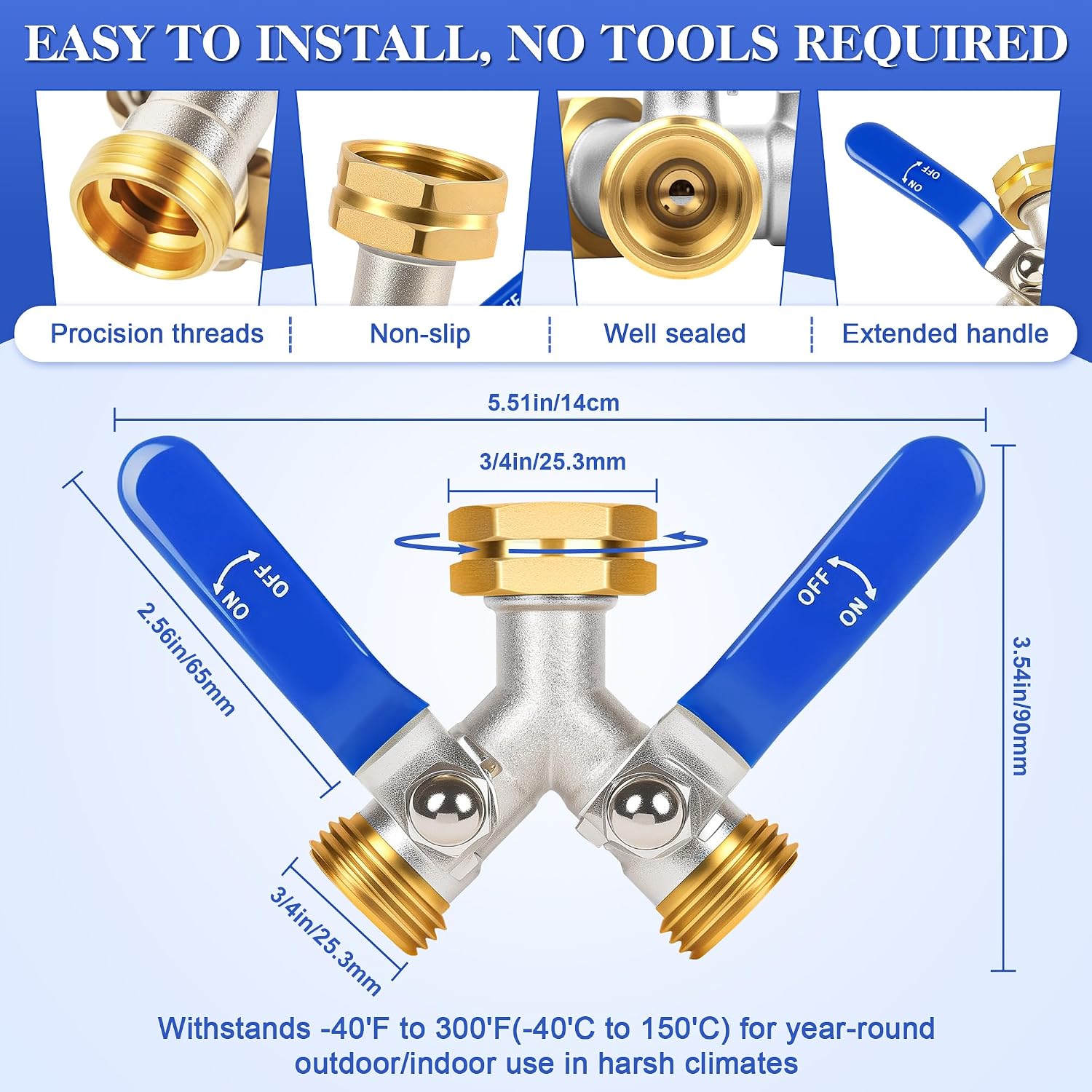 Detalle 1 de EJW Garden Hose Splitter, 2-Way Brass Connector with 3/4" GHT Threads