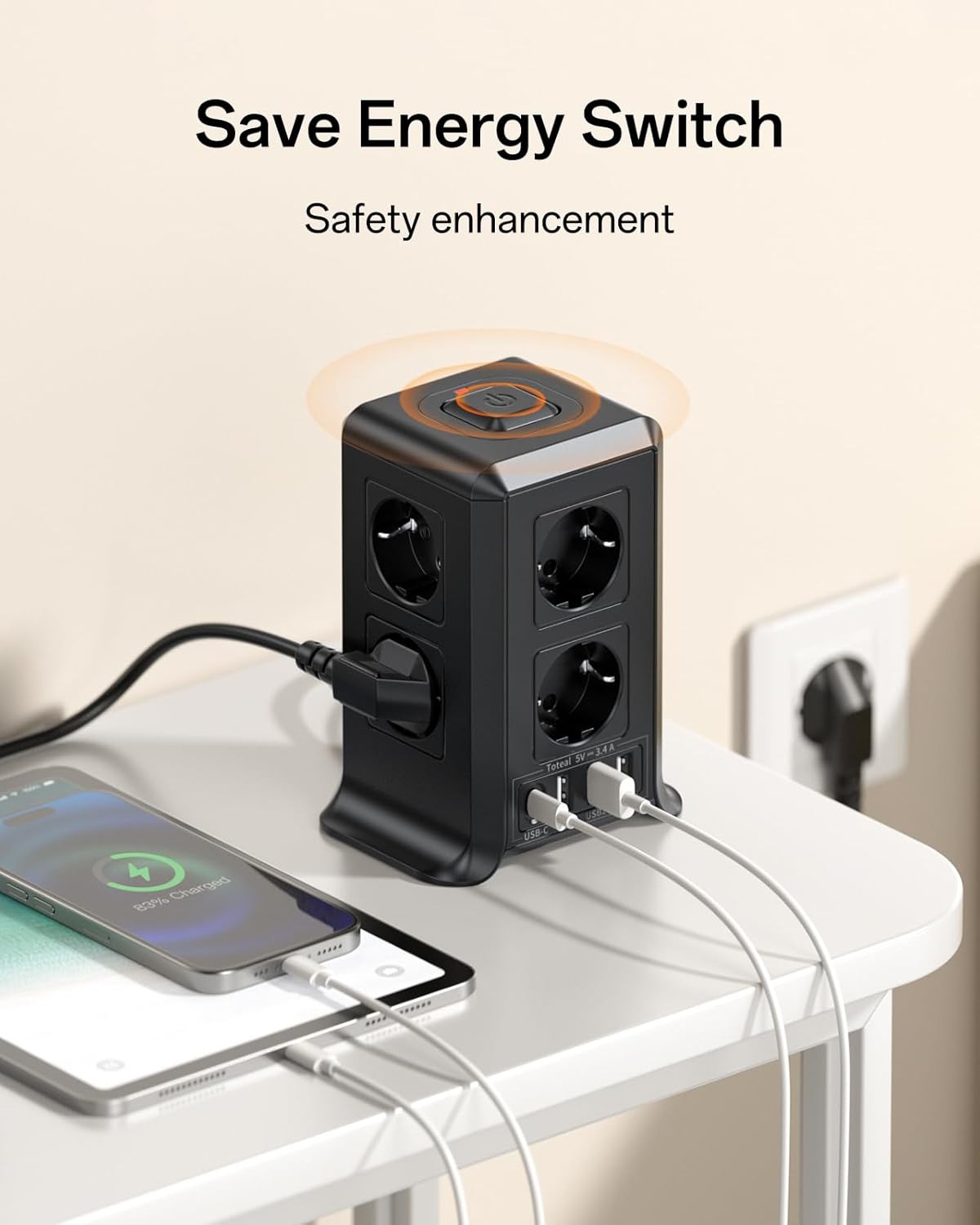 Thumbnail 4 de 5M Verlängerungskabel Mehrfachsteckdose mit Schalter: 8-Fach-Steckdosenleiste, 3 USB + USB-C, Überspannungsschutz