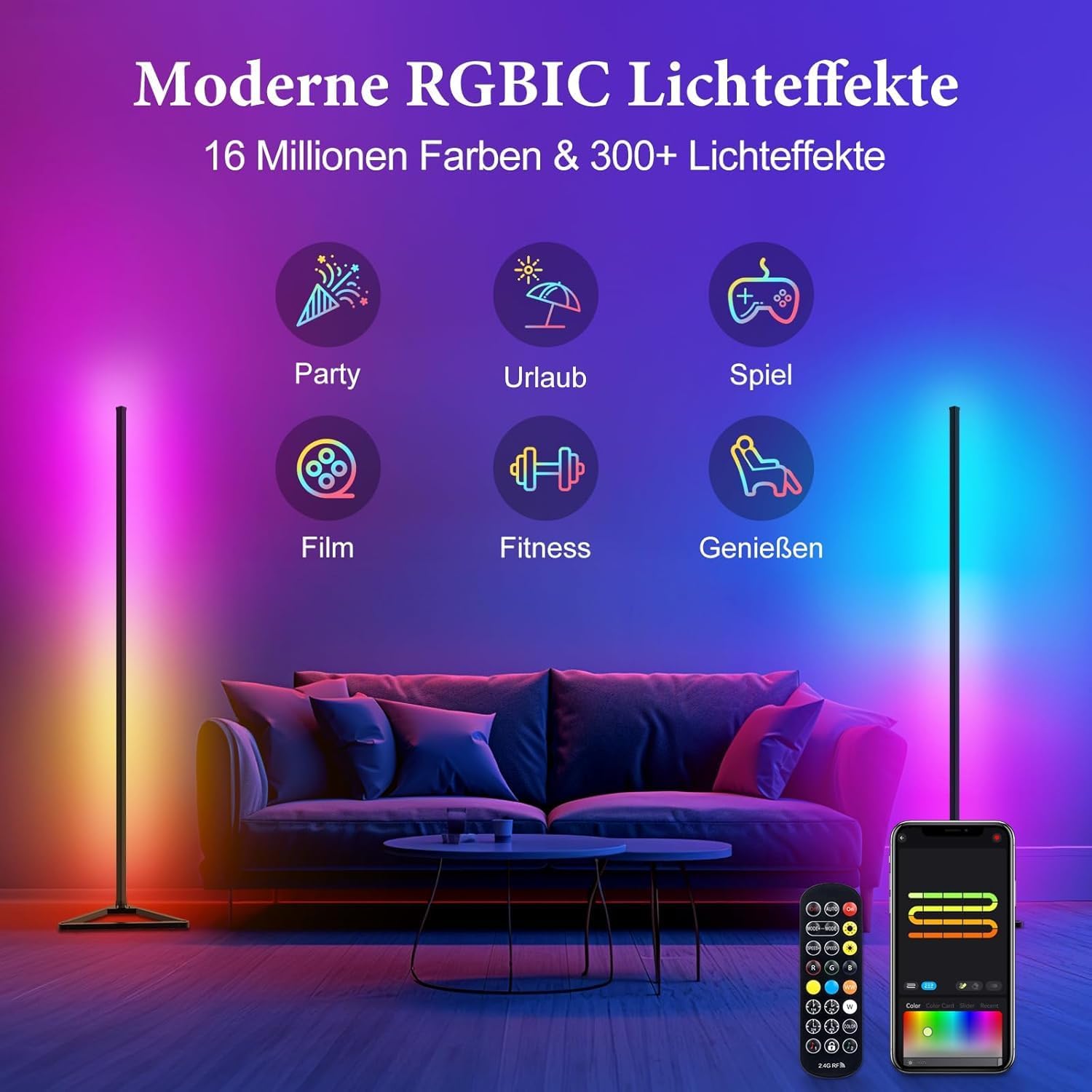 Thumbnail 2 de LED Stehlampe fürs Wohnzimmer dimmbar, 140 cm abnehmbar – RGBIC mit App, 16 Mio. Farben & Musikmodus (schwarz, 2 Stück)