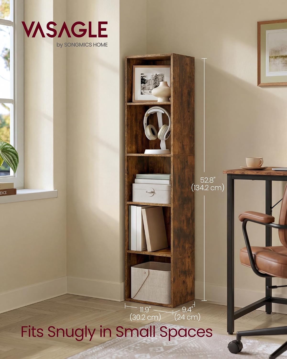 Detalle de VASAGLE Collection 5-Tier Bookcase (CUSTOS LBC419KD01) – Open Storage Shelving in Rustic Brown