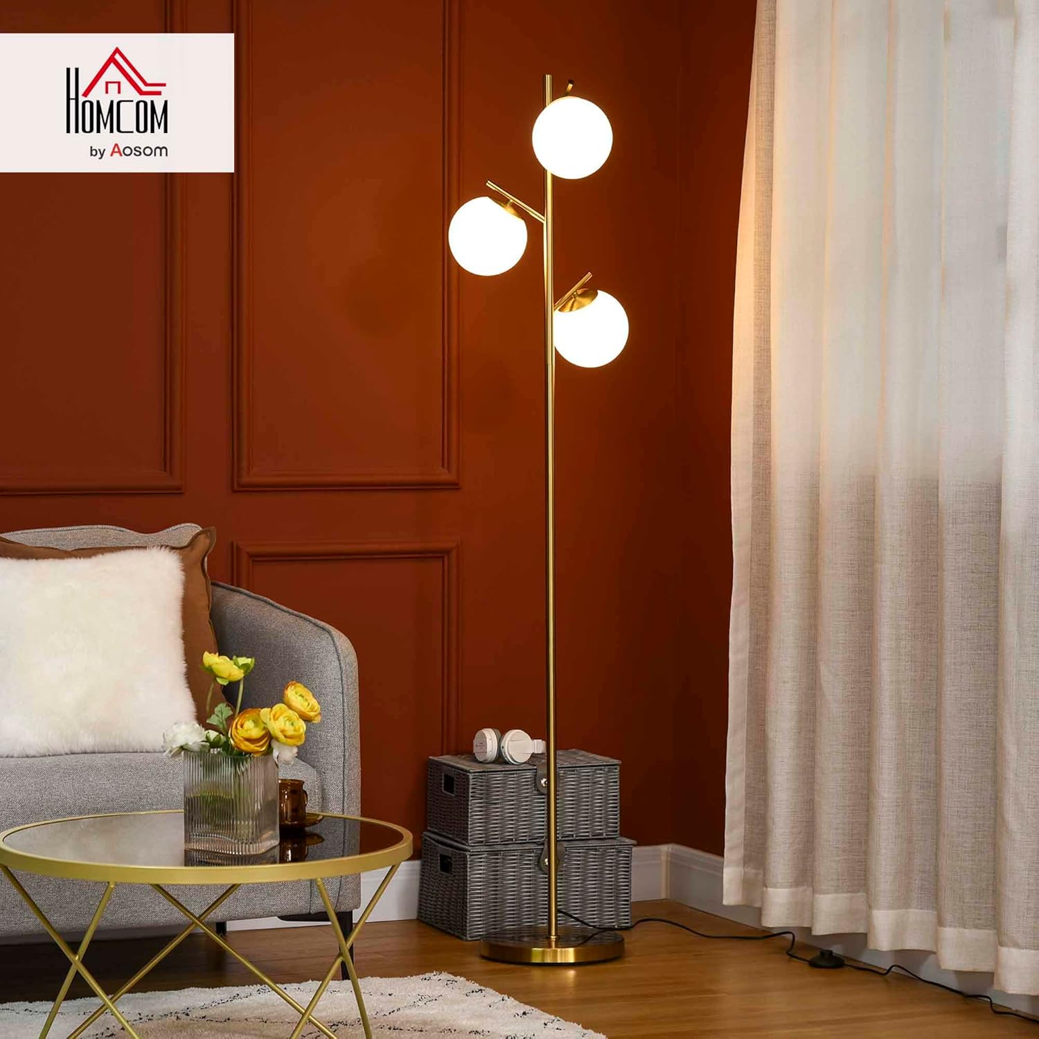 Thumbnail 1 de HOMCOM Lampadaire sur pied design art déco doré avec 3 globes en verre dépoli Ø 27 x 169 cm