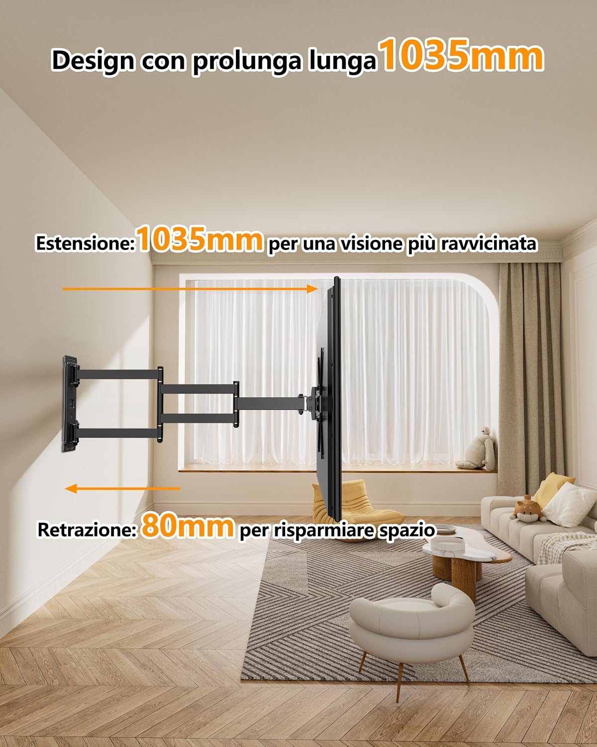 Detalle de Supporto TV Parete con Braccio Articolato Extra Lungo 1035 mm – 17–50 pollici, fino a 30 kg, VESA 300×300
