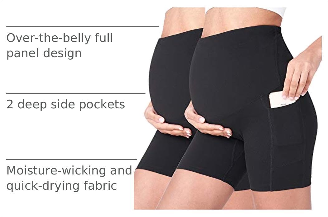 Detalle de POSHDIVAH Women's Maternity Yoga Shorts – Over Belly, 5"/8" with Pockets