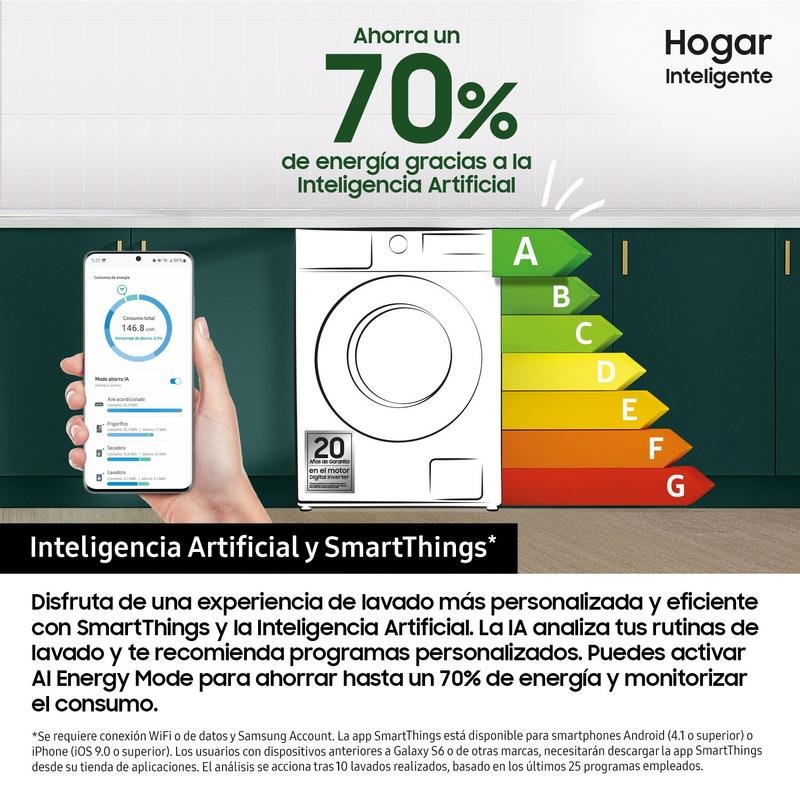 Detalle 2 de Samsung WD90DG5G34BEEC: lavasecadora 9 kg/5 kg, fondo reducido y conectividad inteligente