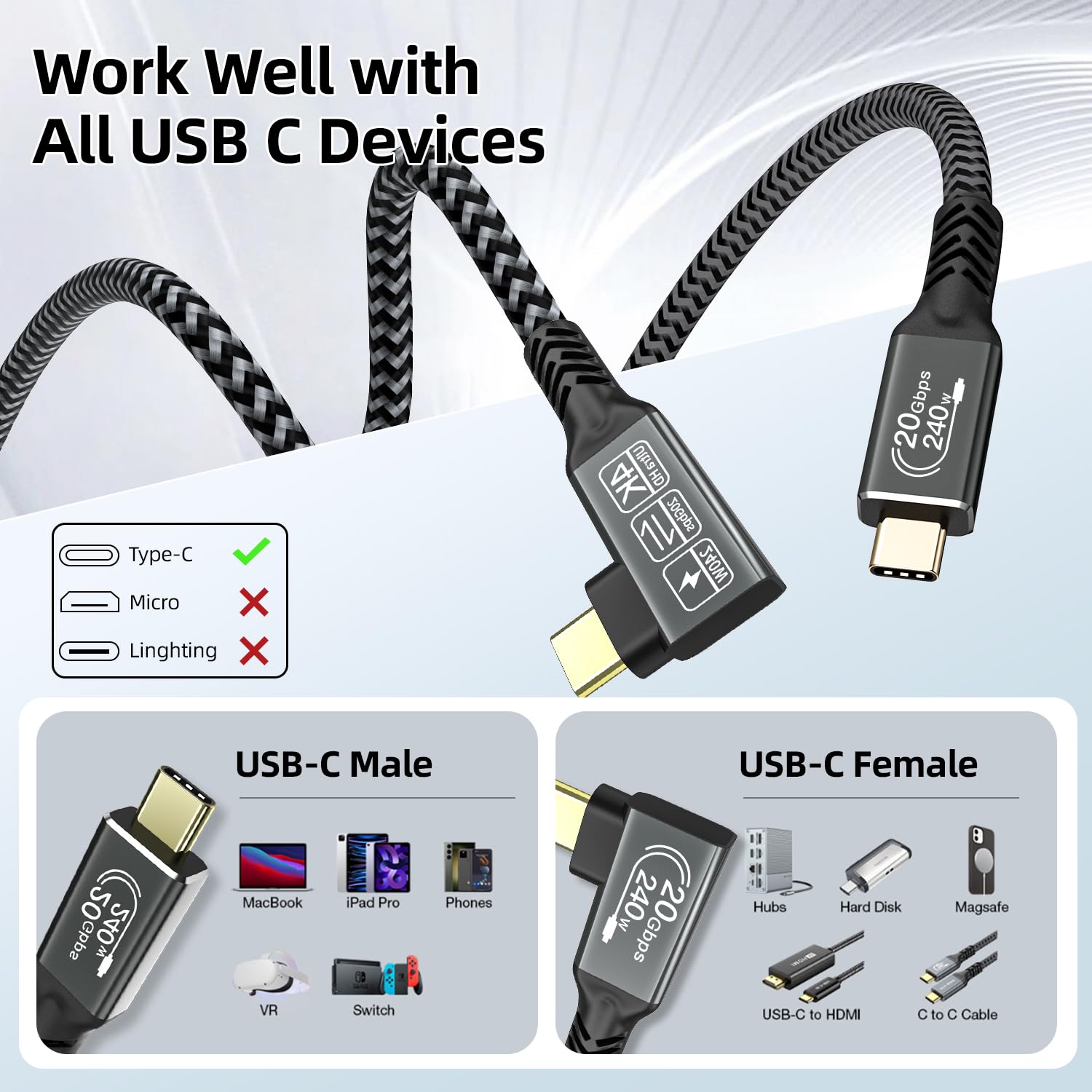 Thumbnail 6 de CAKOBLE 5m Right Angle USB-C 3.2 Cable (20Gbps, 240W PD 3.1, 4K/144Hz and up to 5K display output)