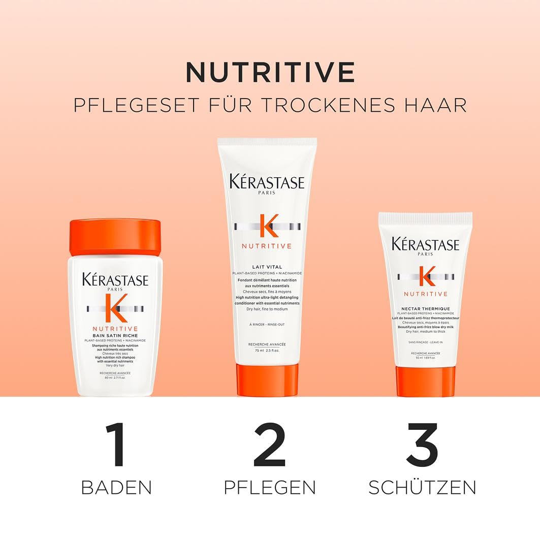 Detalle de Kérastase Nutritive Pflegeroutine mit Shampoo, Haarkur und Hitzeschutz – Feuchtigkeitsspendend und revitalisierend