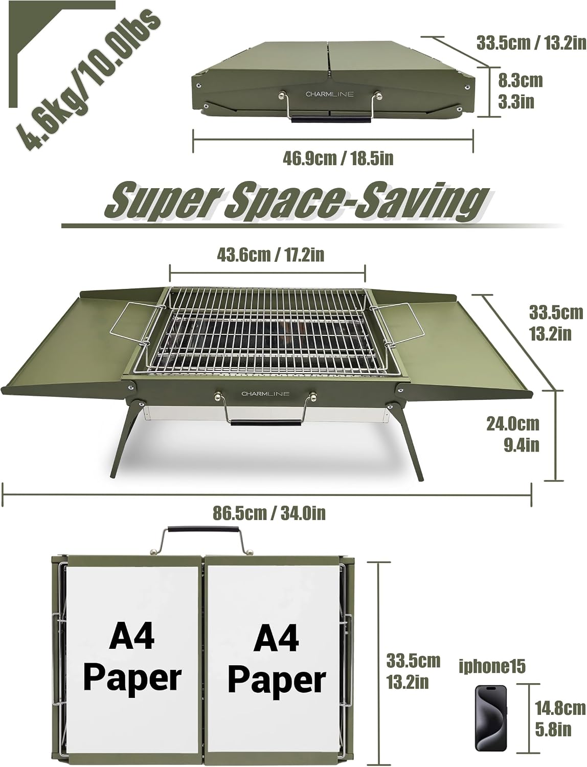 Detalle de Charmline 47 x 34 cm Large Foldable Portable Charcoal BBQ Grill