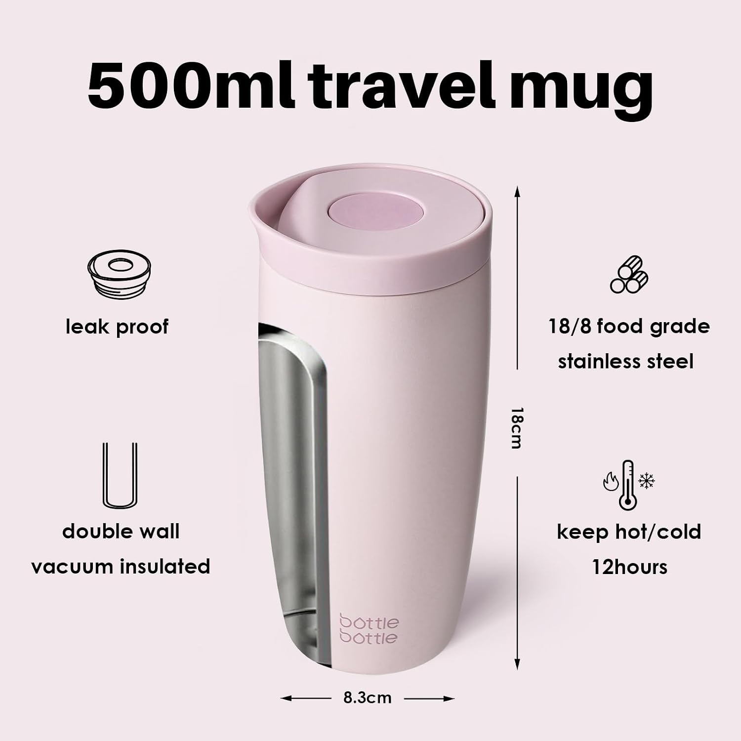 Detalle de BOTTLE BOTTLE Travel Mug (Pink, 500 ml) – On-the-go stainless steel mug