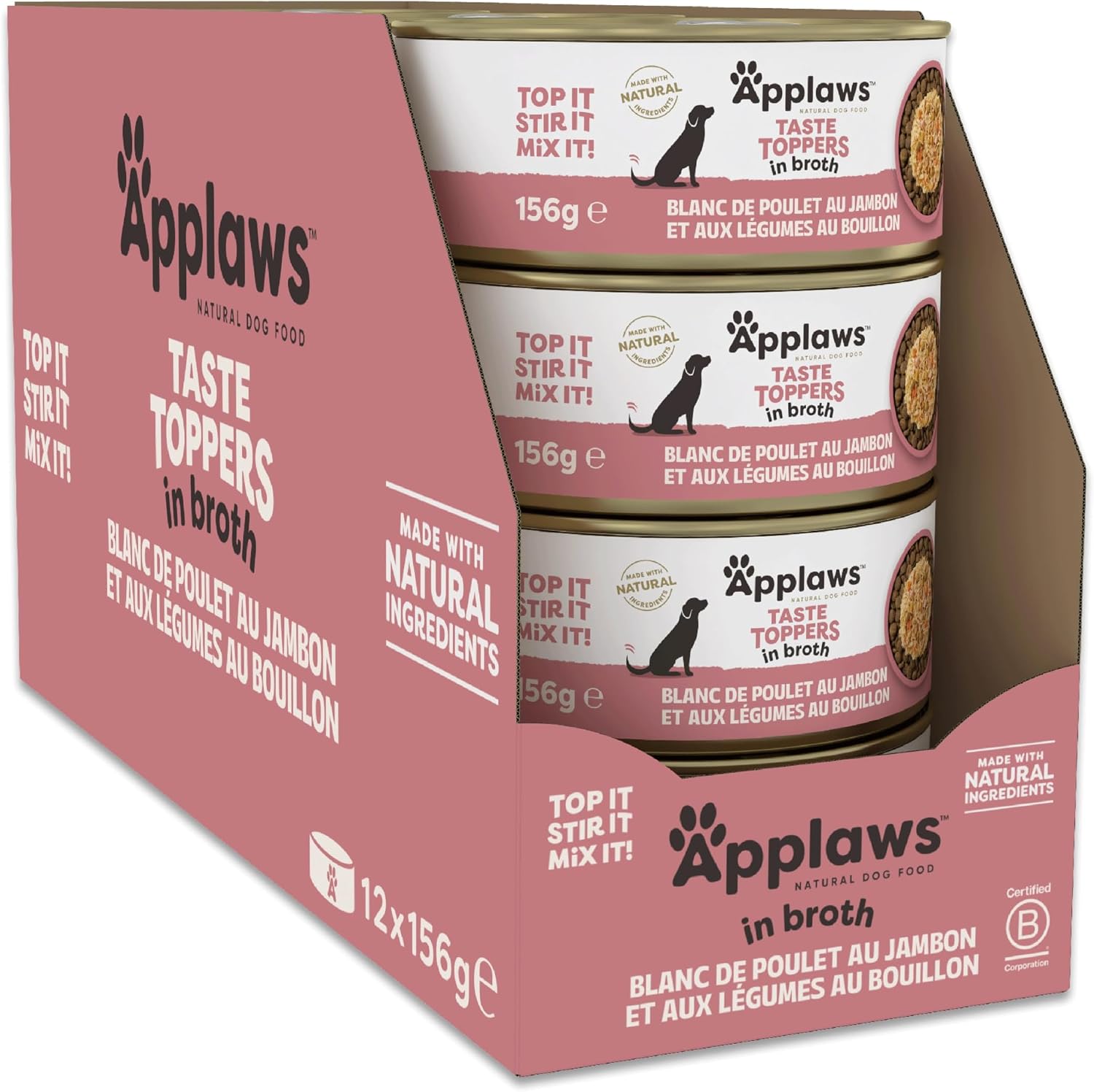 Applaws Lot de 12 boîtes Nourriture Humide 100% Naturelle pour Chien – Poitrine de poulet avec jambon et légumes en bouillon, 156 g
