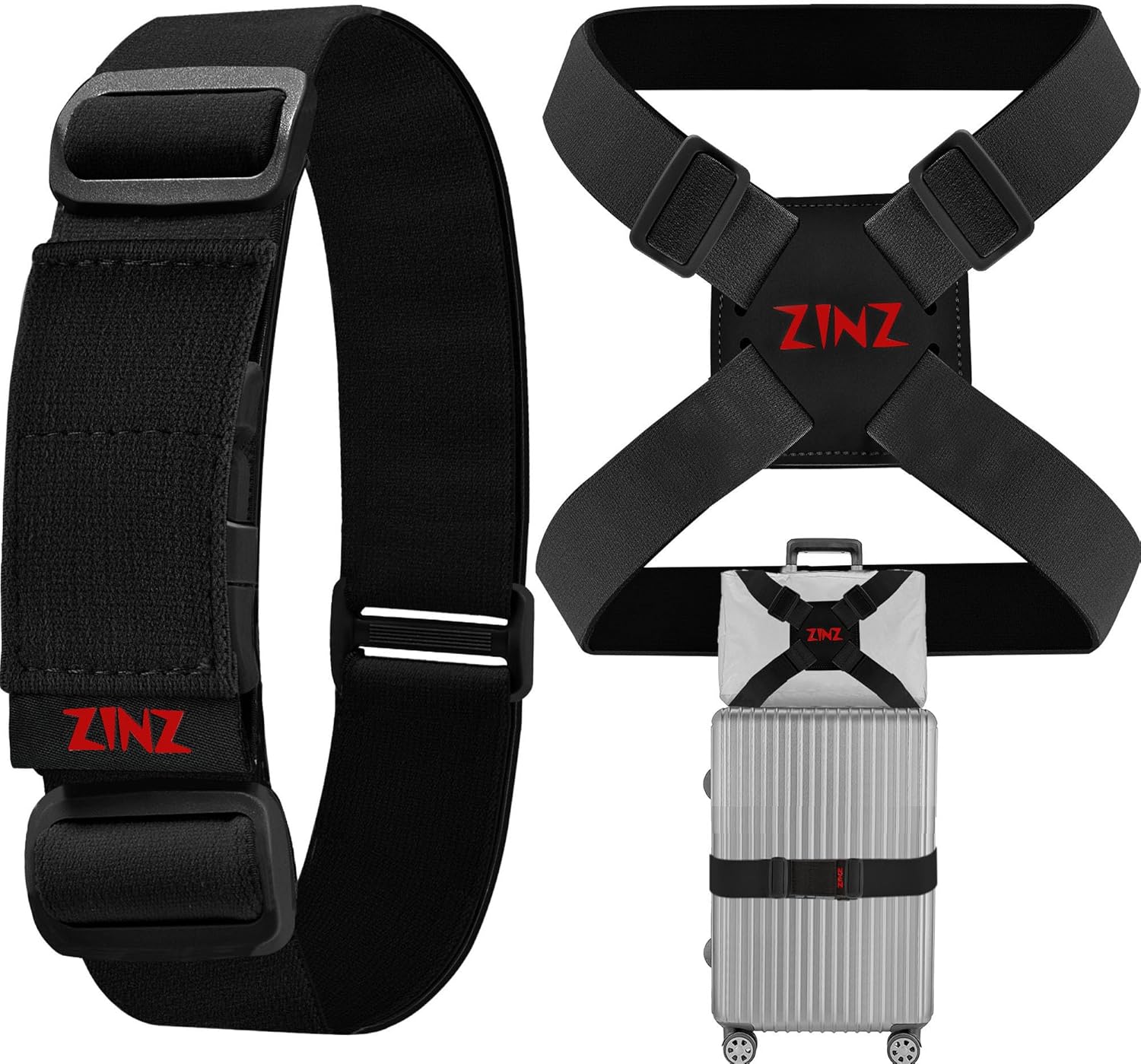 ZINZ sangle de valise élastique réglable (ensemble noir/rouge) pour sécuriser bagages et sacs