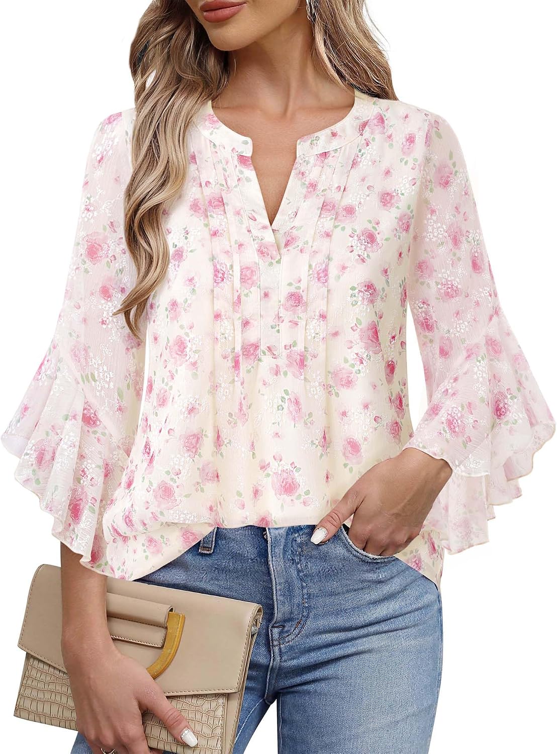 Detalle 2 de Timeson Women’s 3/4 Sleeve Dressy Casual Top with Pleated Henley V-Neck
