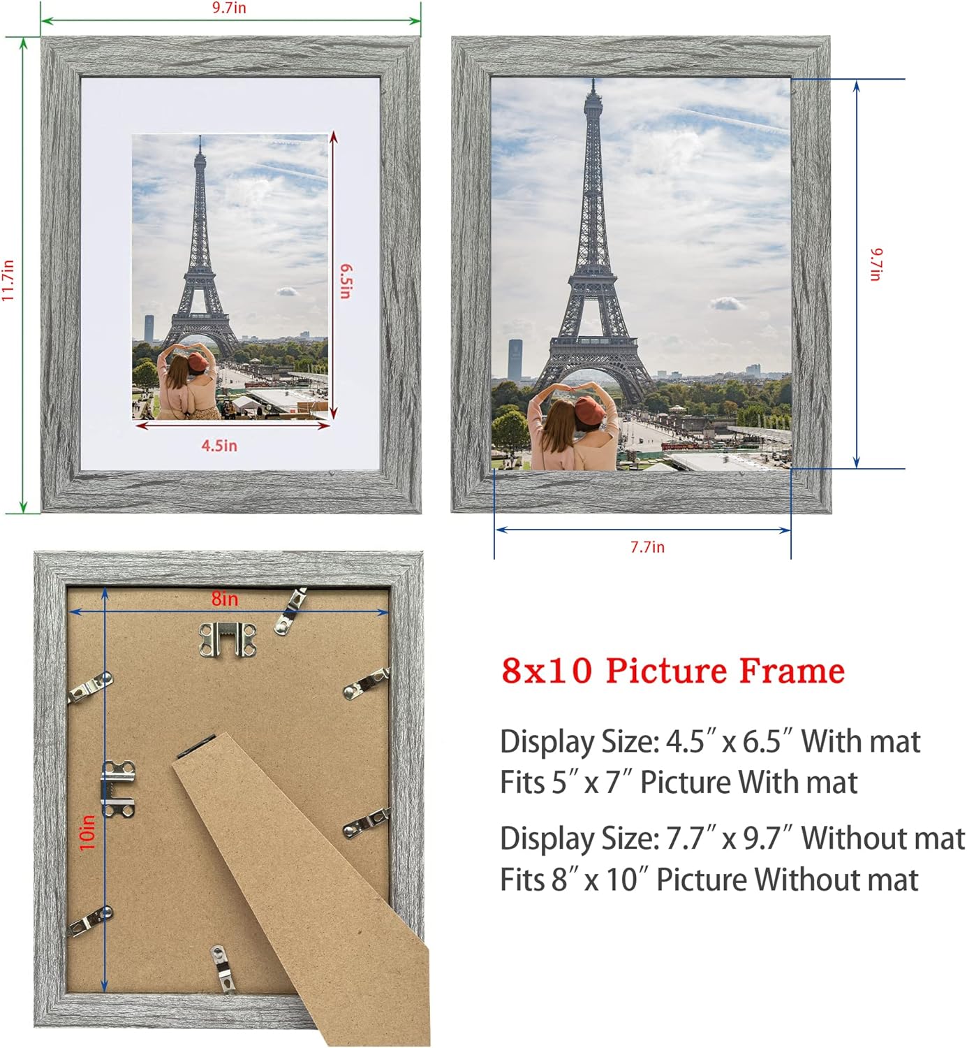 Detalle 2 de Hongkee 8x10 Picture Frame Set of 2 (Grey Rustic Style) — 5x7 with Mat / 8x10 Without Mat, for Wall or Tabletop