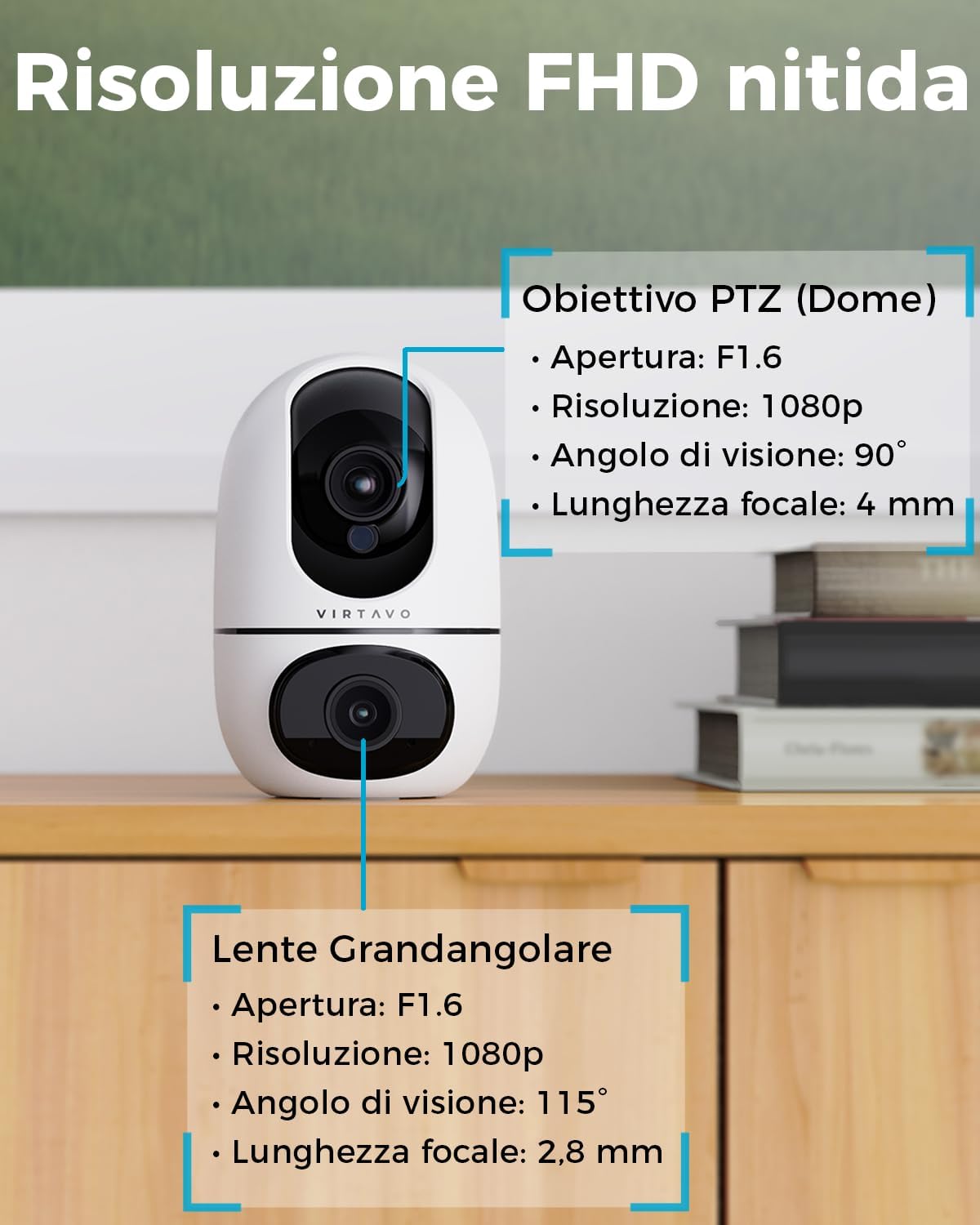 Detalle 2 de VIRTAVO XD1: Telecamera WiFi interno a doppio obiettivo per sorveglianza domestica 360°