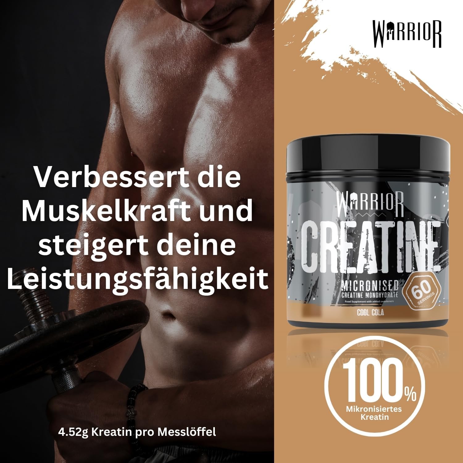 Detalle de Warrior Creatin Monohydrat Pulver (300 g, 60 Portionen) – vegan, mikronisiert – Cool Cola