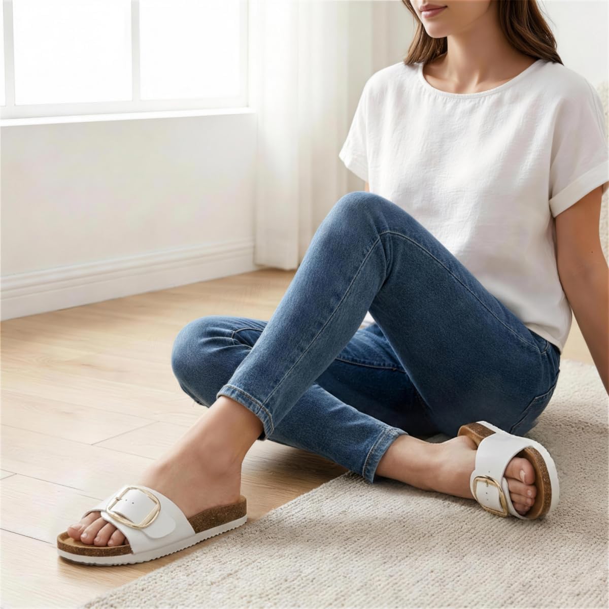 Detalle de Wizshoe Pantoletten Damen Leder mit Verstellbarer Schnalle – Memory-Foam Komfort, Arch Support und rutschfeste Sohle