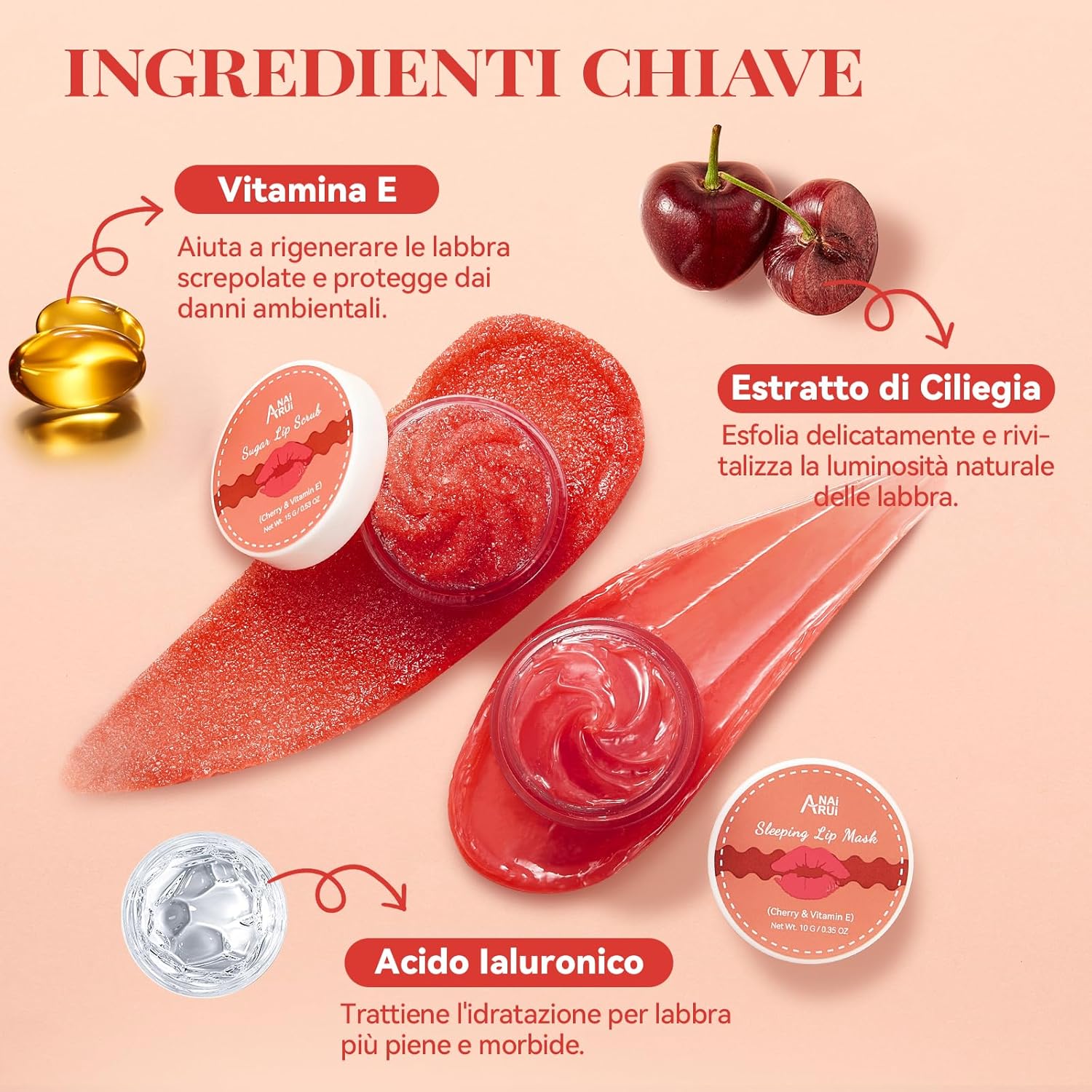 Detalle de ANAiRUi Set Glow Ciliegia: maschera labbra e peeling Cherry con Vitamina E