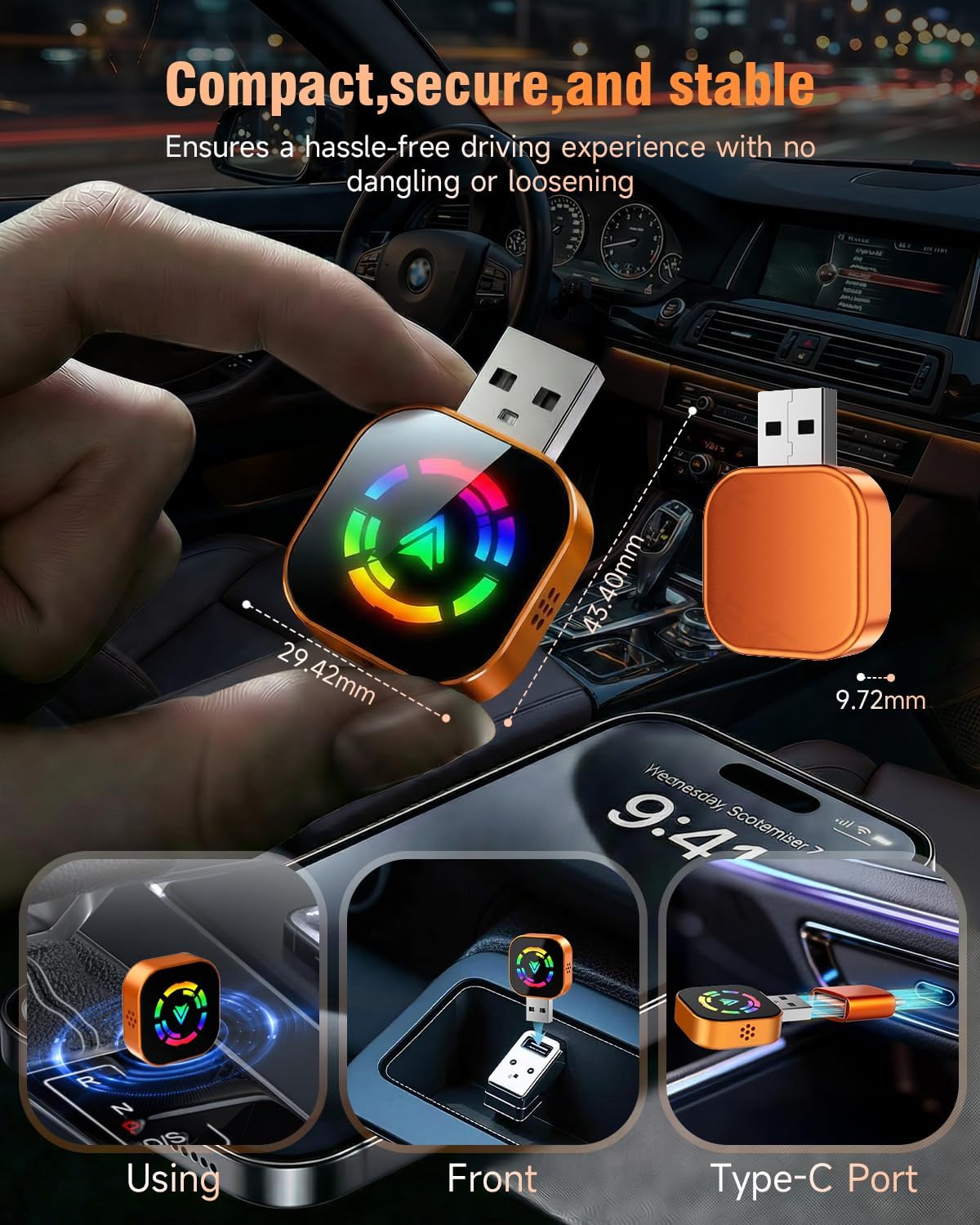 Detalle de Jumpeak 2026 Upgraded Wireless CarPlay Adapter (mini USB, 5.8GHz Wi‑Fi, Bluetooth 5.3)