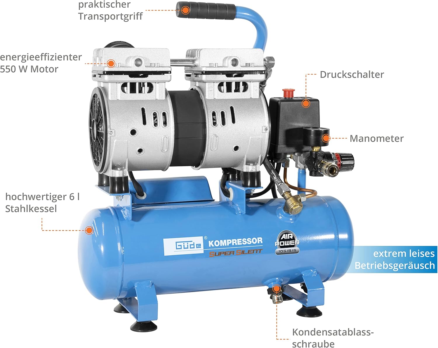 Detalle 2 de Güde Airpower 105/8/6 SILENT compresseur 6 L
