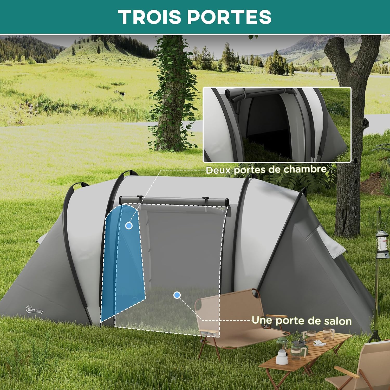 Thumbnail 3 de Outsunny Tente de Camping familiale 4-5 personnes, 2 chambres, 3000 mm – montage facile