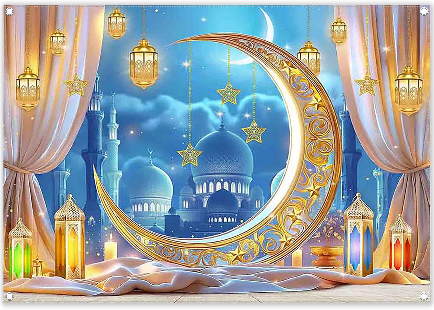 Luminora 7x5ft Fabric Ramadan Mubarak Backdrop – Blue & Gold Moon Night Lanterns (Polyester)
