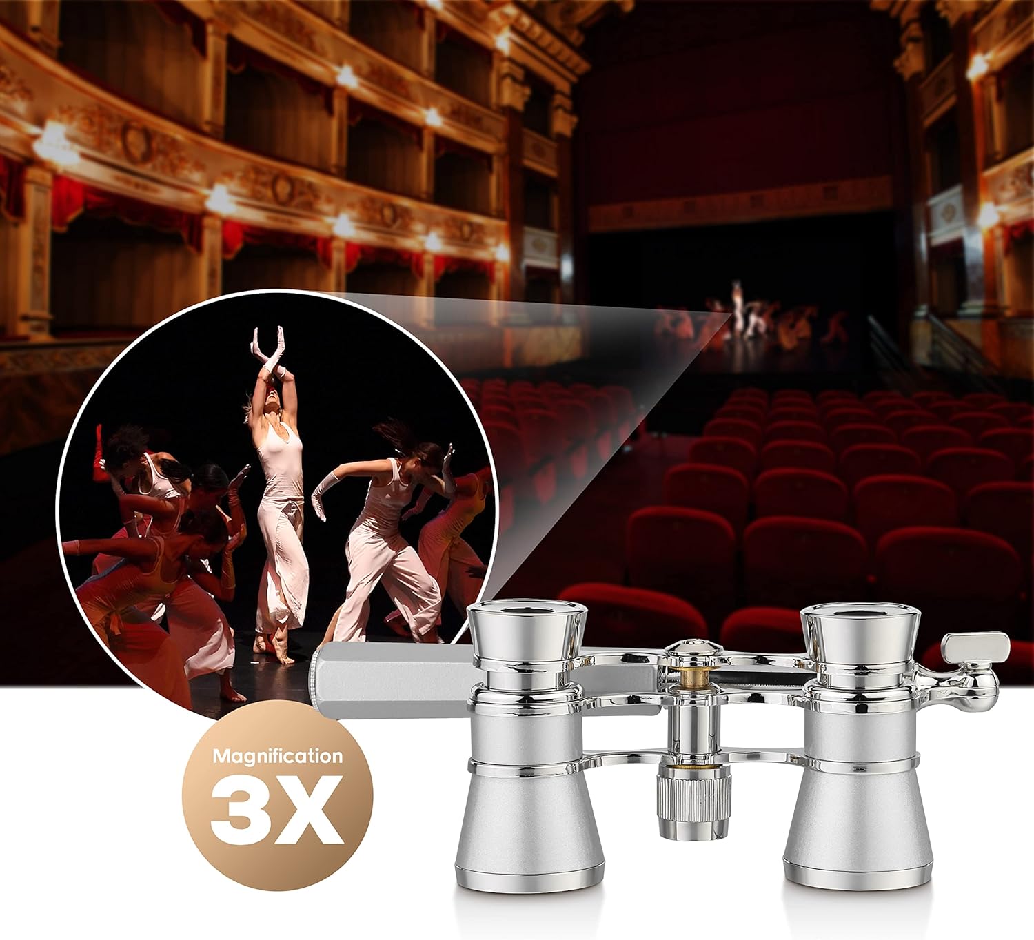 Detalle de AOMEKIE Jumelles de théâtre lorgnette avec poignée 3X (argent) – longues vues en métal pour spectacles, tourisme et concerts