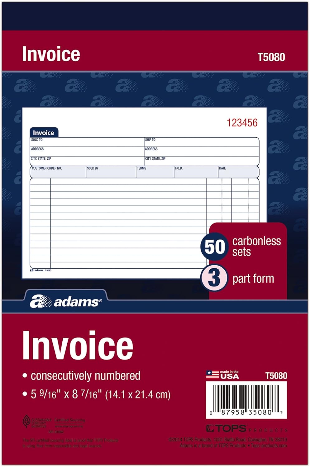 Detalle de Adams T5080 3-Part Carbonless Invoice Book, 50 Sets, White/Canary/Pink