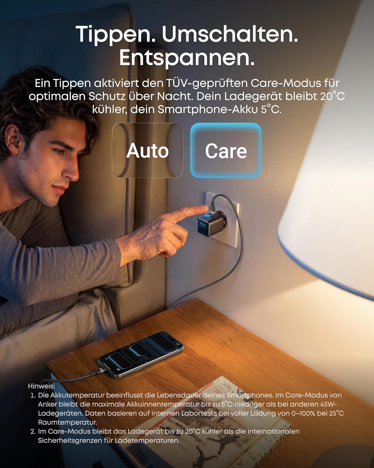 Detalle de Anker Nano 45W Smart-Ladegerät (USB‑C) mit Display, iPhone-Erkennung und Schonmodus