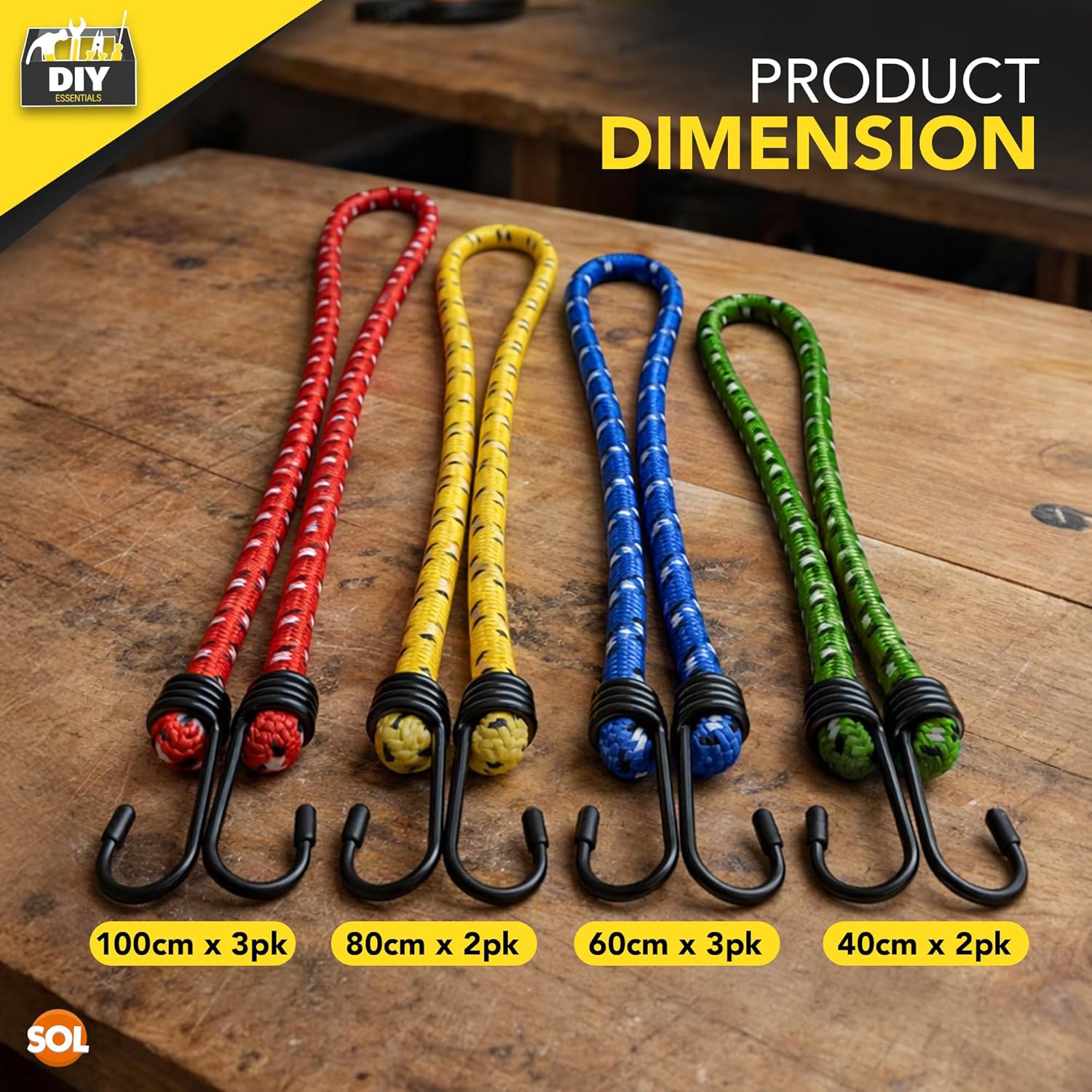 Detalle de SOL 10pk Heavy Duty Bungee Cords with Hooks (Assorted Lengths 40cm–100cm)