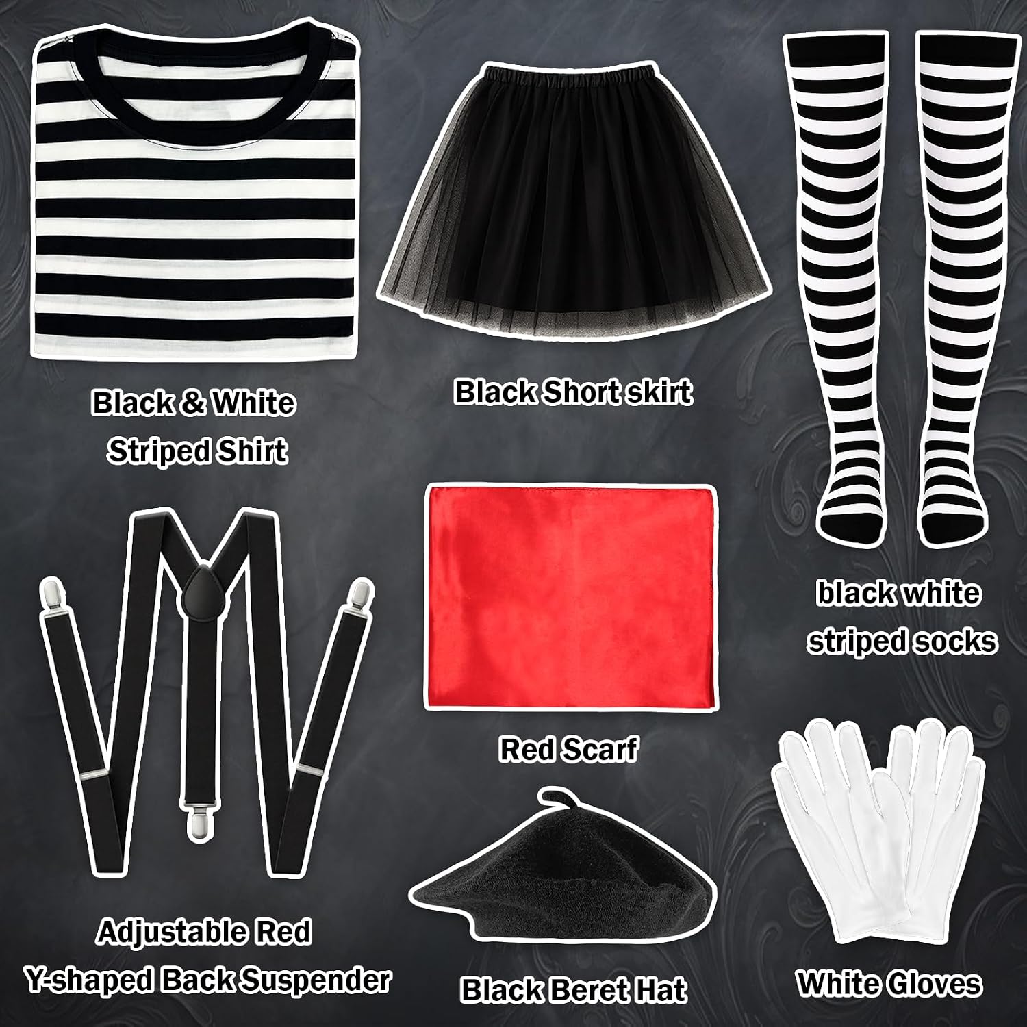 Detalle de French Mime Artist Women’s Costume, 7-Piece Set with Beret and Red Scarf