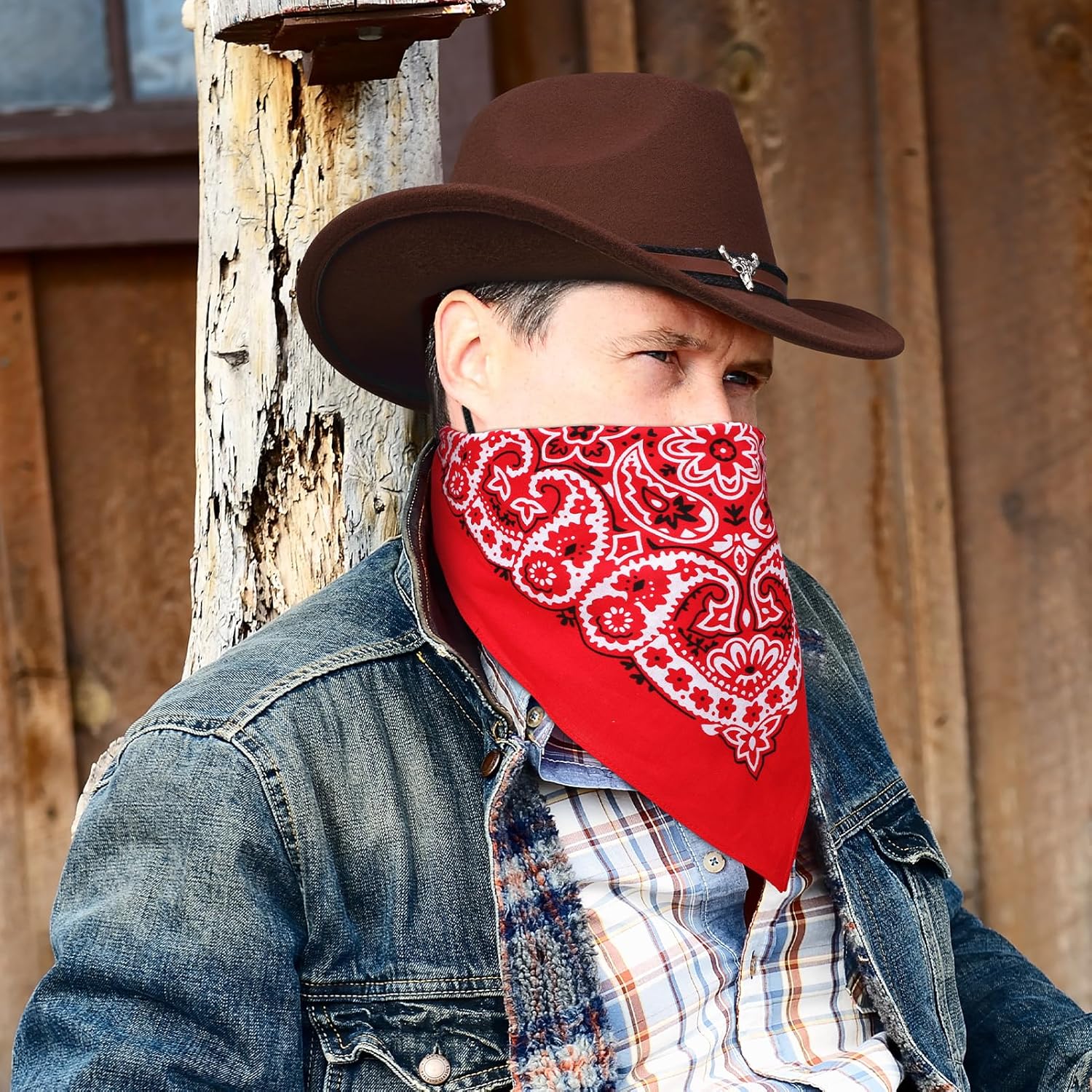 Thumbnail 4 de ViEinkaufen 2Pcs Cowboy Hats in Black & Brown with Bandana Scarves Western Hat Set