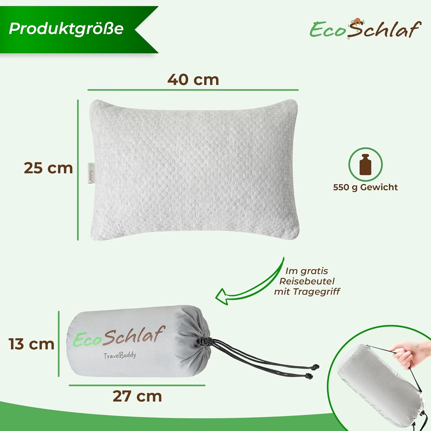 Detalle 2 de EcoSchlaf TravelBuddy Reisekissen – kompaktes Memory-Foam Nackenkissen für unterwegs