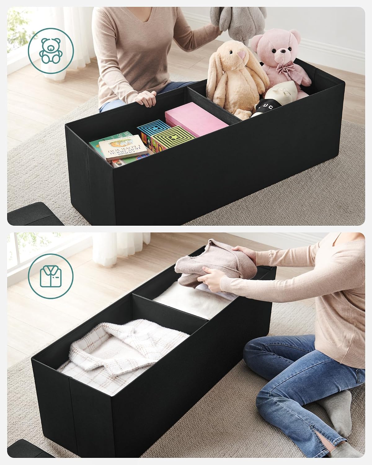 Detalle 2 de SONGMICS LSF077B20 Foldable Storage Ottoman, 131L Tufted Bench, Ink Black