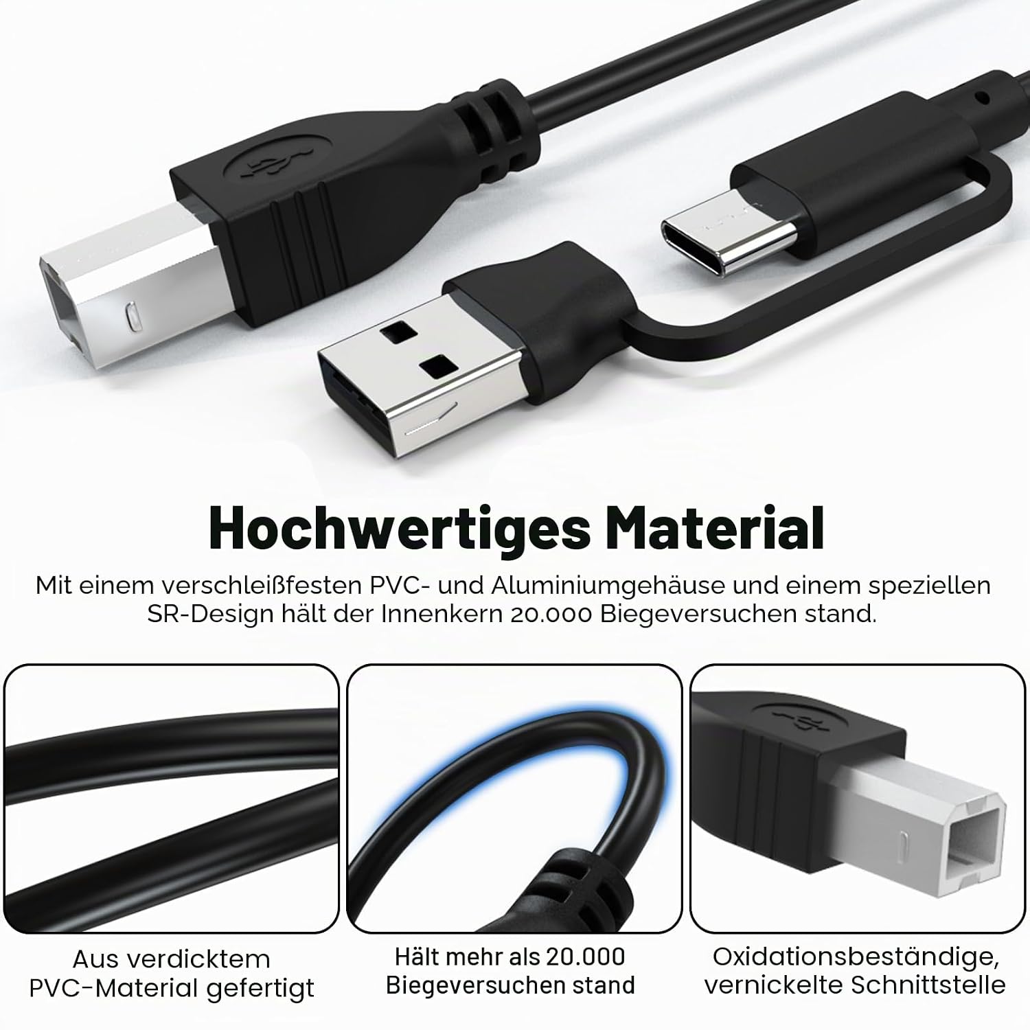 Detalle de Zosvoses USB A/C auf USB B Druckerkabel 2-in-1 – Hochgeschwindigkeits-Scanner-/Druckerkabel, 1 m, USB-C/USB-A kompatibel