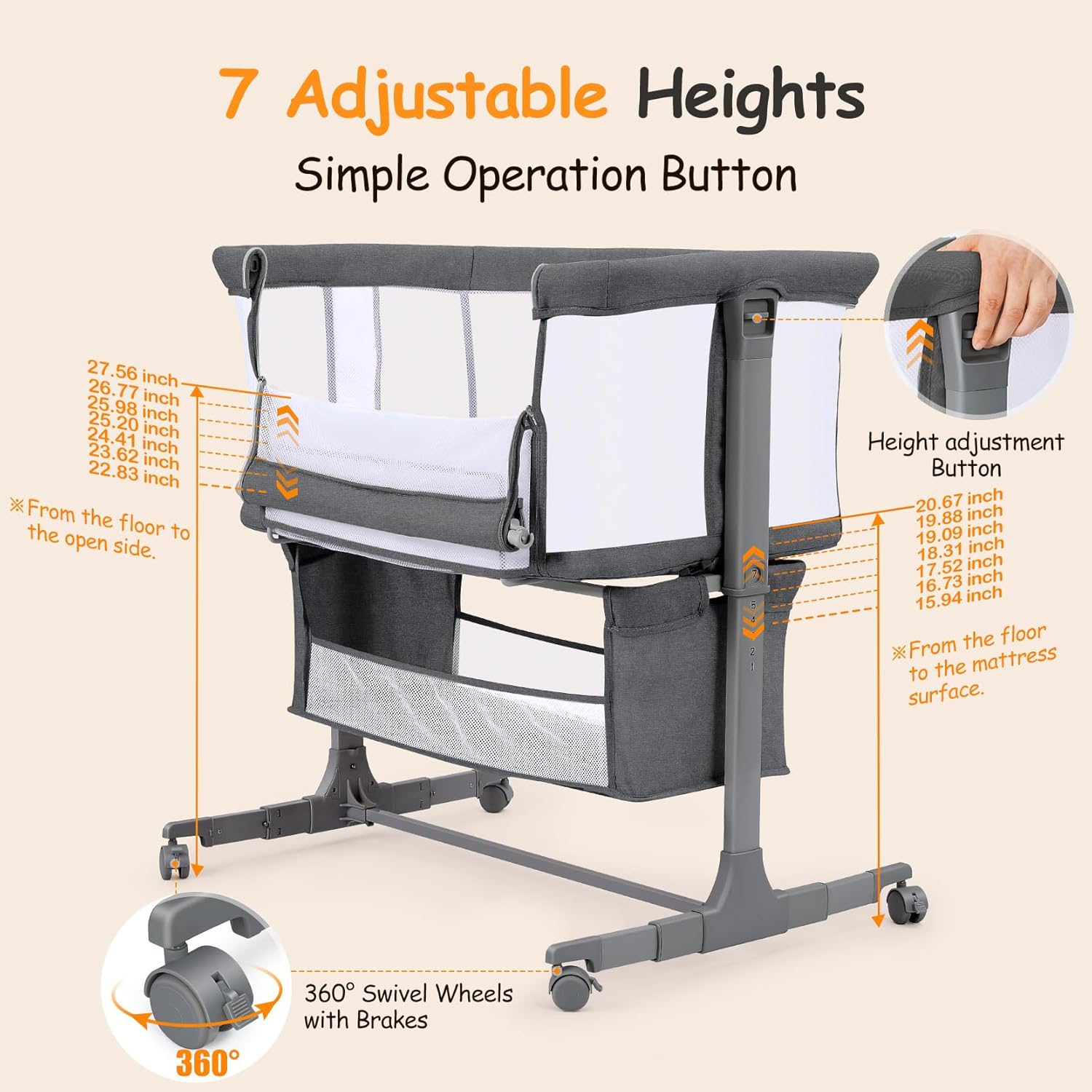 Thumbnail 6 de Ezebaby Bedside Bassinet with 7 Height Positions