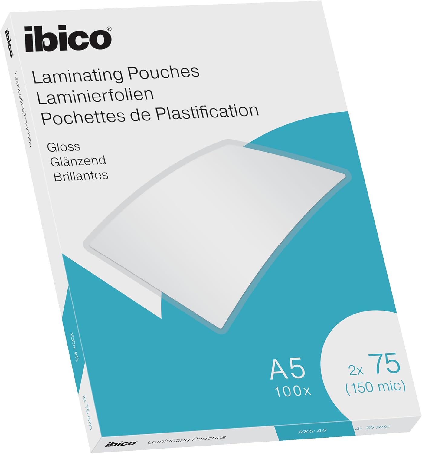 Ibico Laminierfolien A5 150 Mikron (2 x 75 µm), 100 Stück – Glänzende, kristallklare Laminierfolien mit abgerundeten Ecken